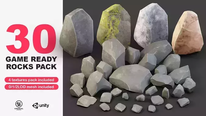 30 rock asset pack with 4 texture biomes VR-AR Game ready