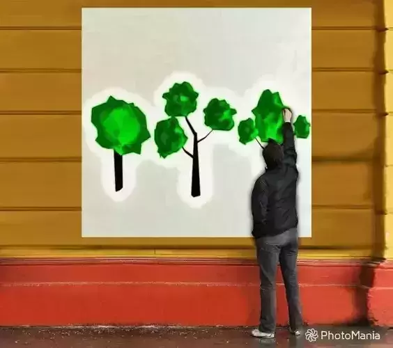 low-poly trees man drawing on wall Low-poly 3D model
