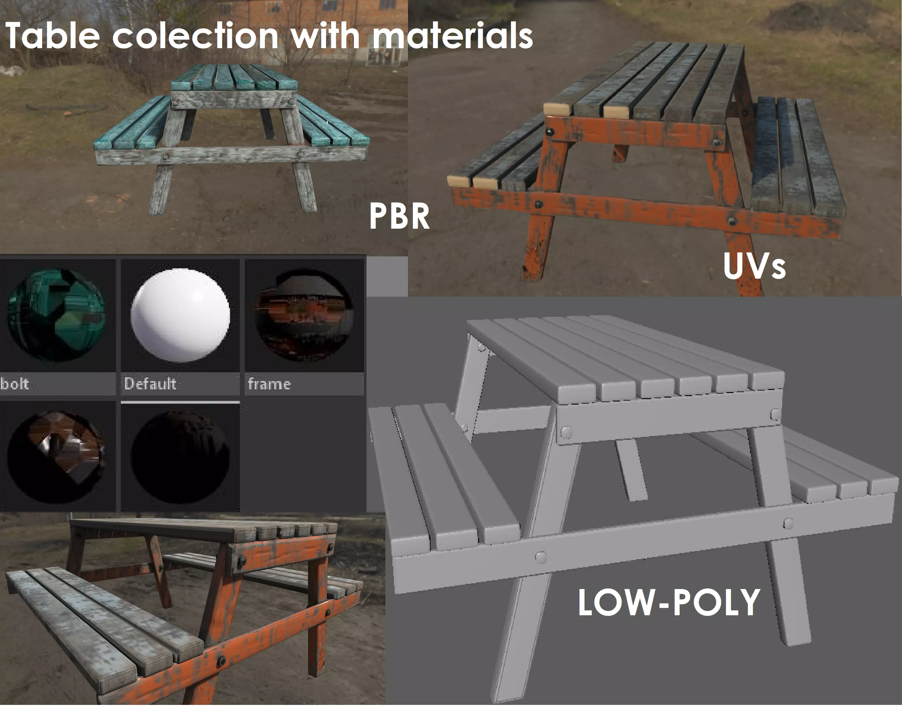Old worn wooden cafeteria table Low-poly 3D model