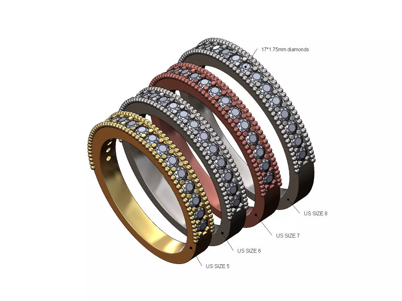 Beaded stacker diamond band US size 5to8 3D print model