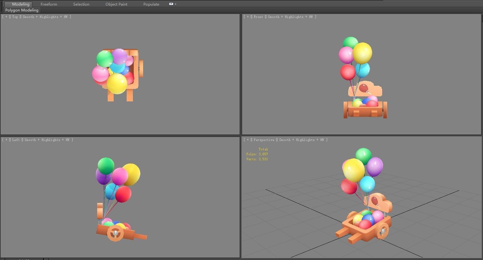 Cartoon Balloon Booth - Wooden Rickshaw Low-poly 3D model_4