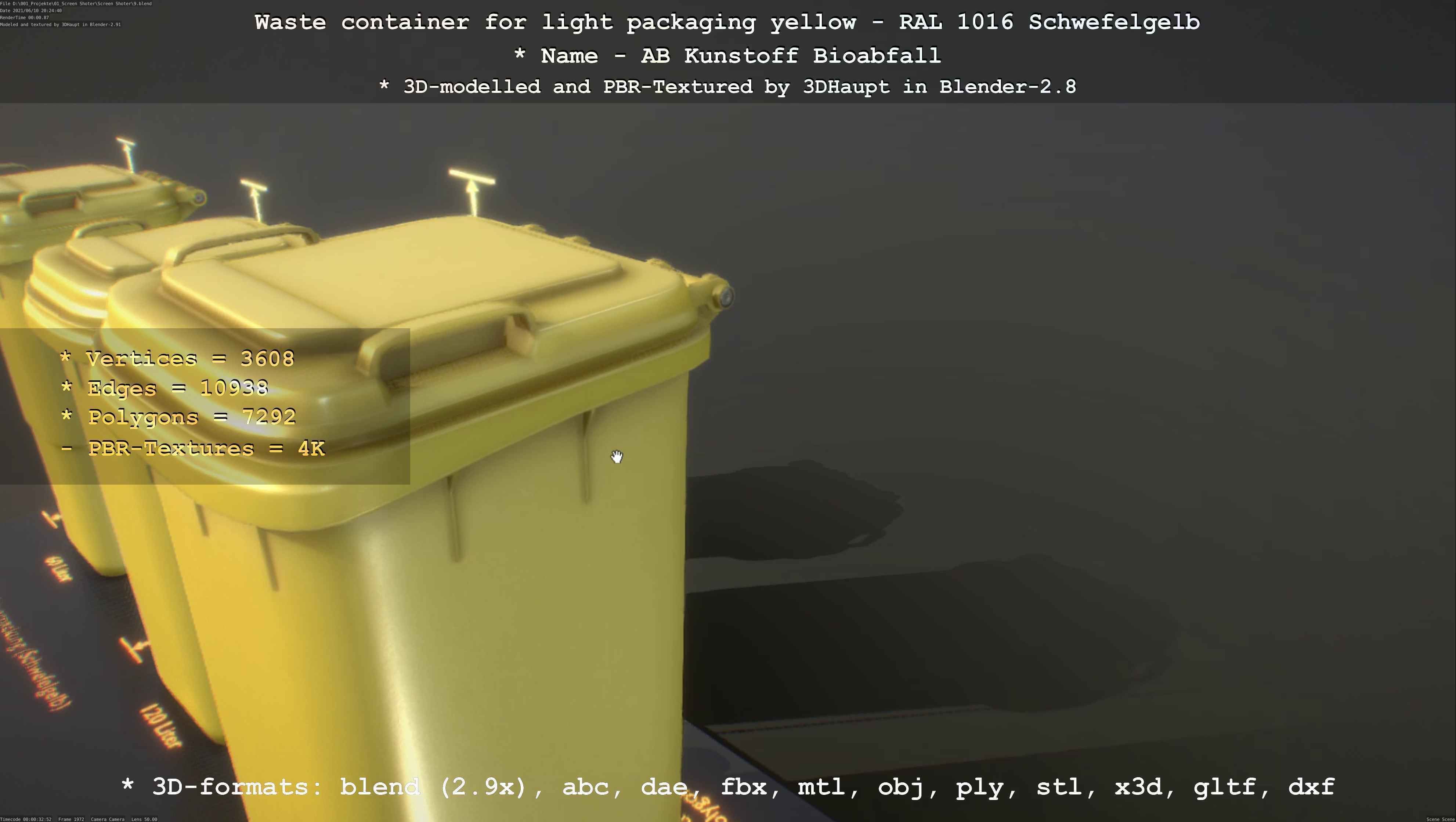 Waste container for light packaging yellow - RAL 1016  Low-poly 3D model_6