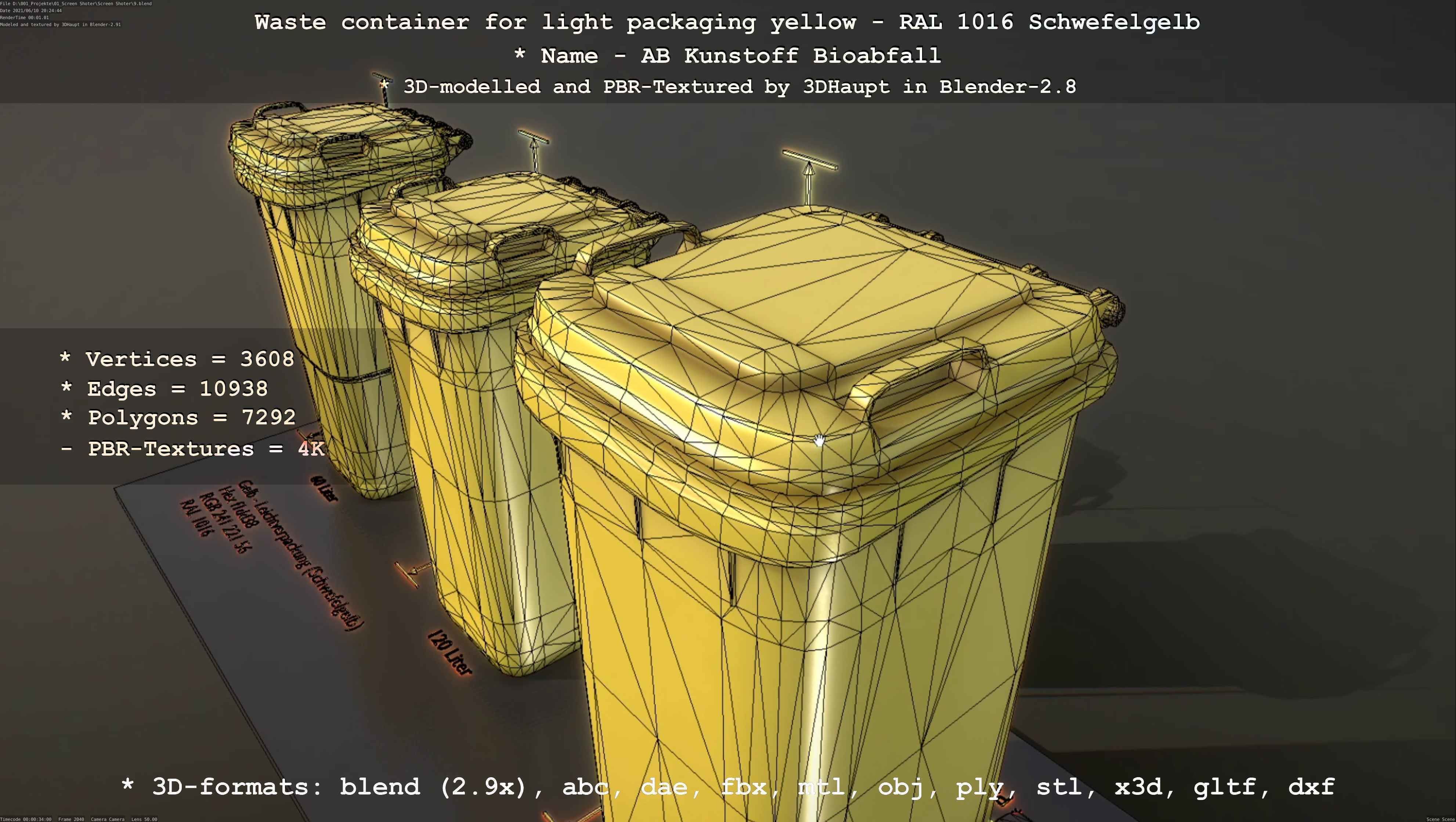 Waste container for light packaging yellow - RAL 1016  Low-poly 3D model_115