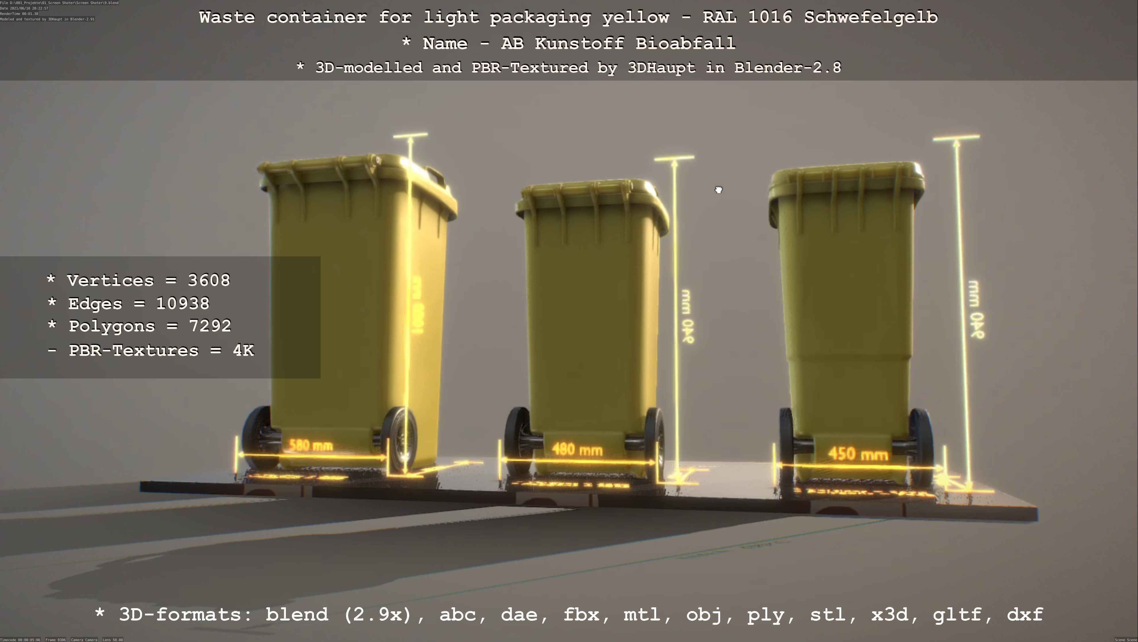 Waste container for light packaging yellow - RAL 1016  Low-poly 3D model_2