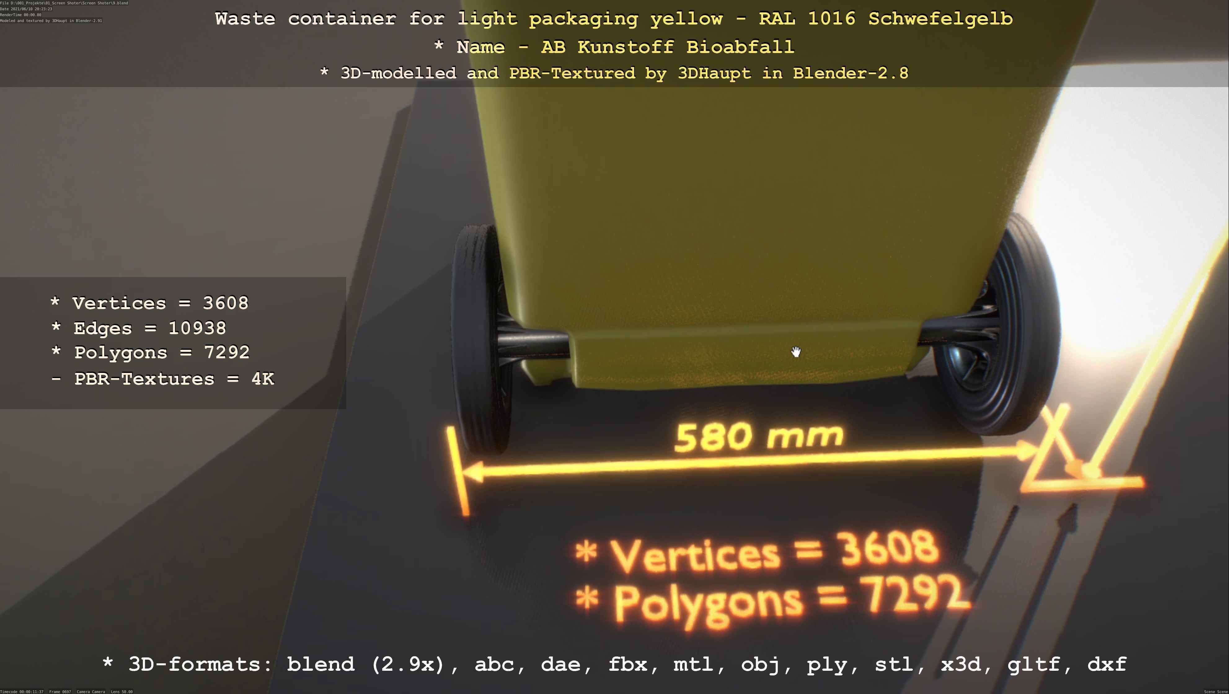 Waste container for light packaging yellow - RAL 1016  Low-poly 3D model_54