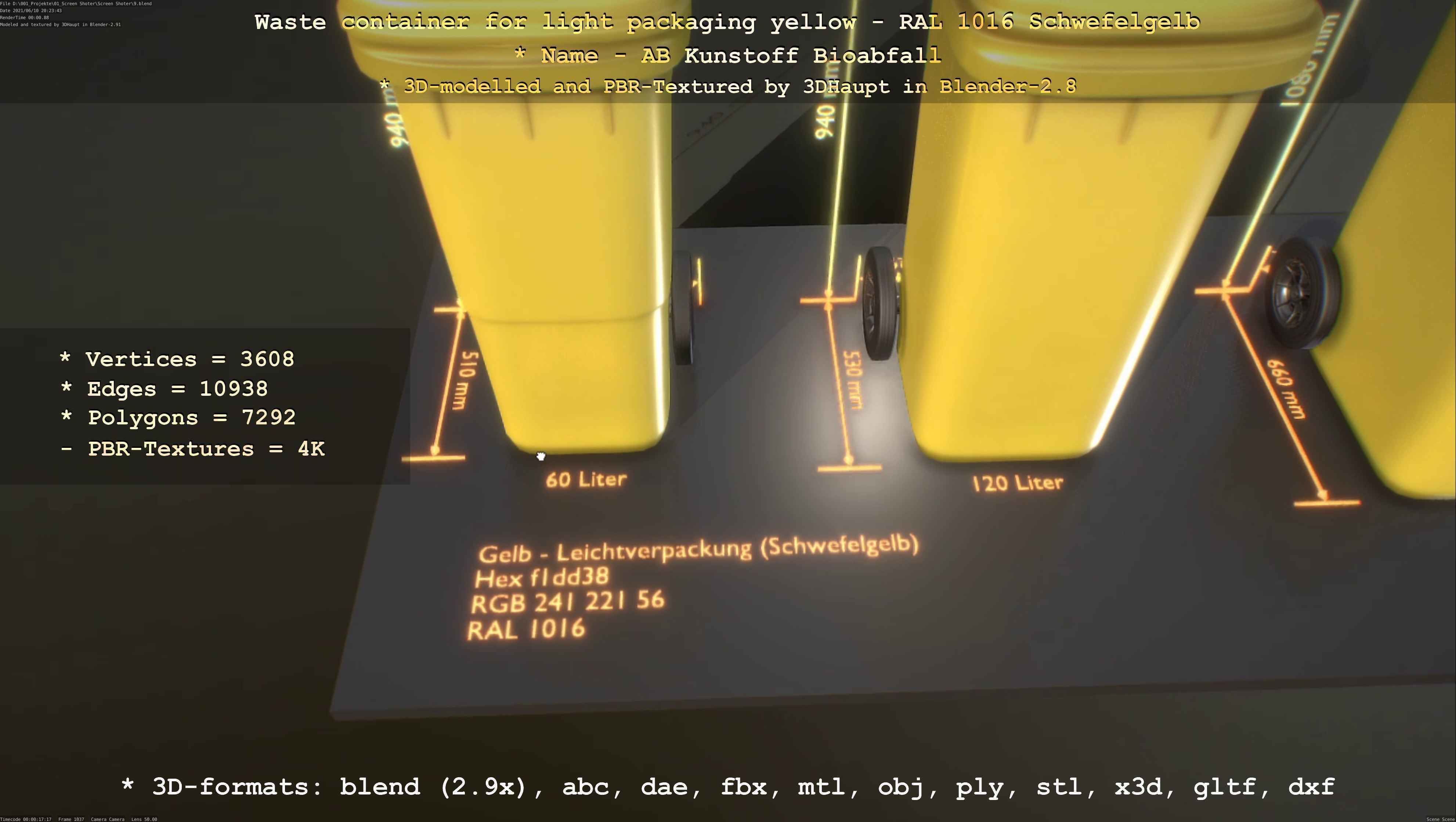 Waste container for light packaging yellow - RAL 1016  Low-poly 3D model_70