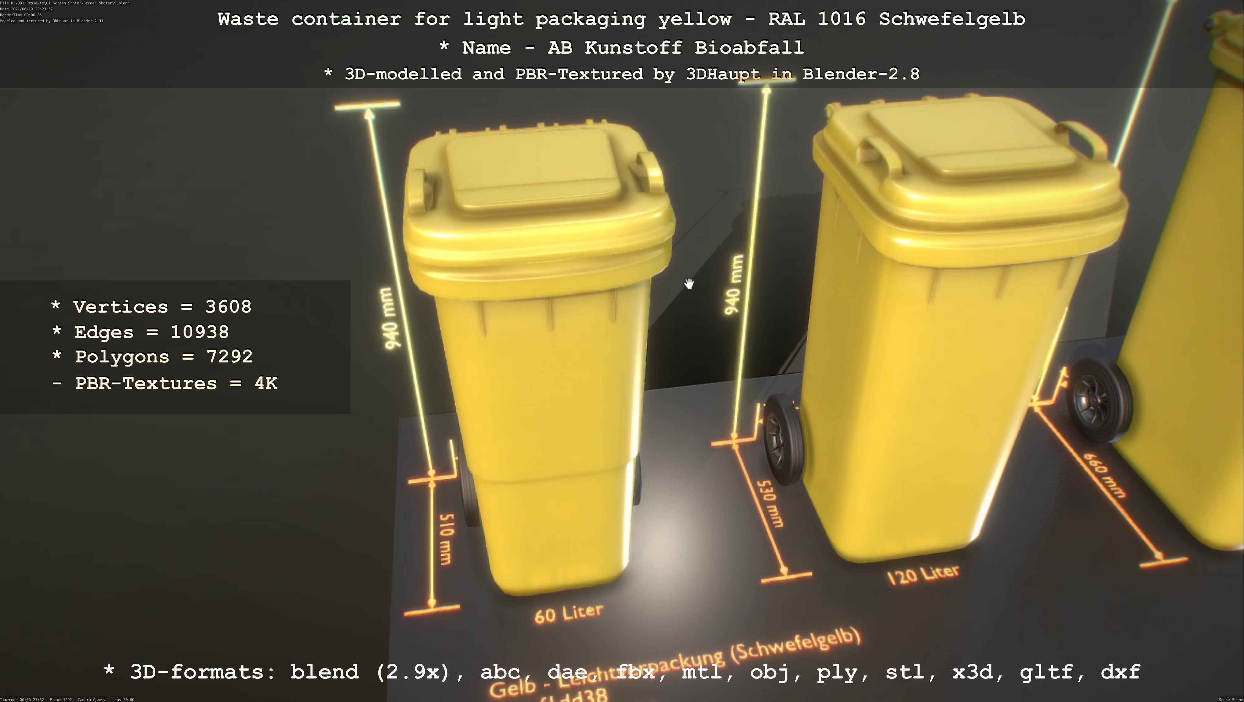 Waste container for light packaging yellow - RAL 1016  Low-poly 3D model_84