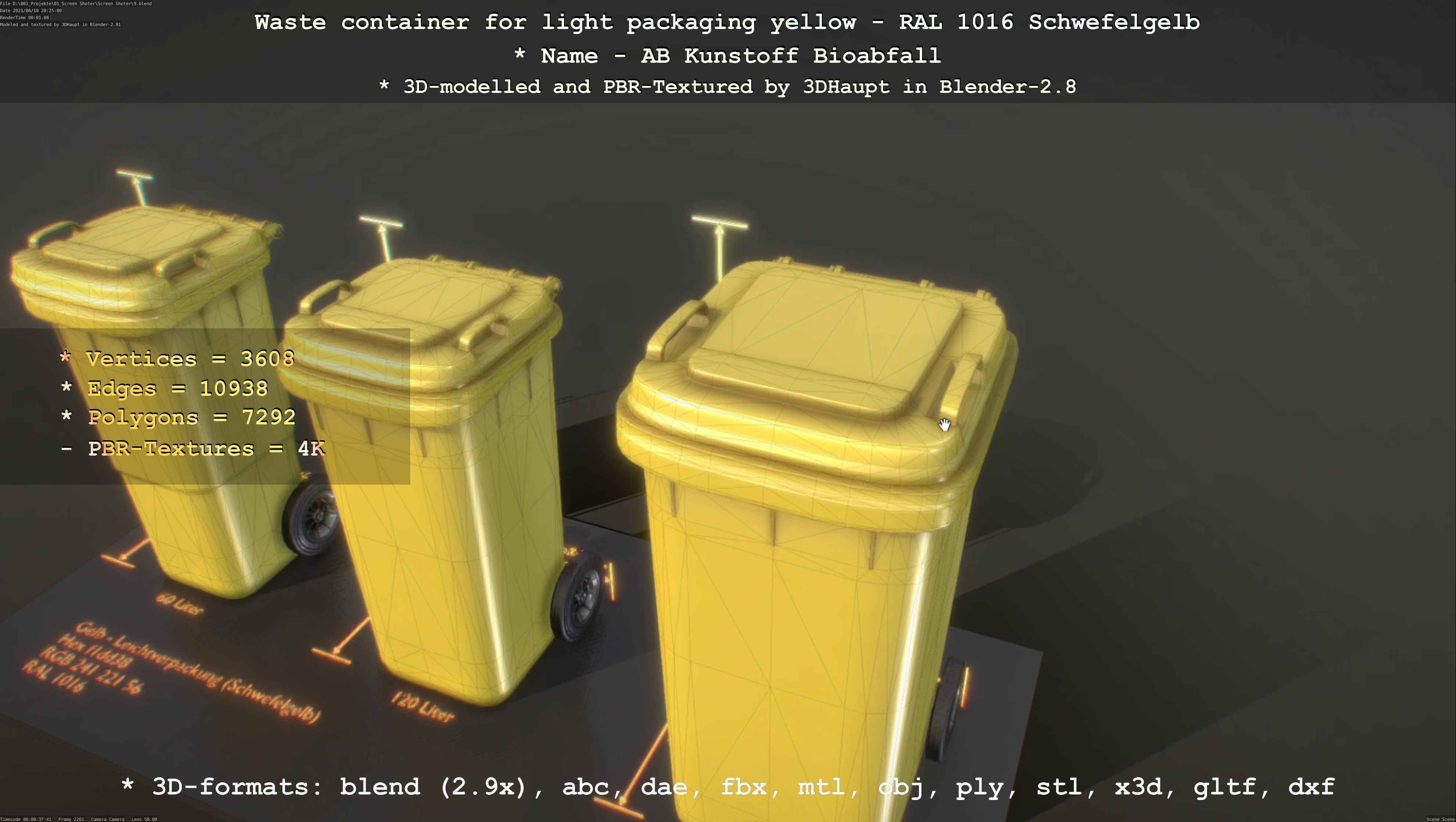 Waste container for light packaging yellow - RAL 1016  Low-poly 3D model_126