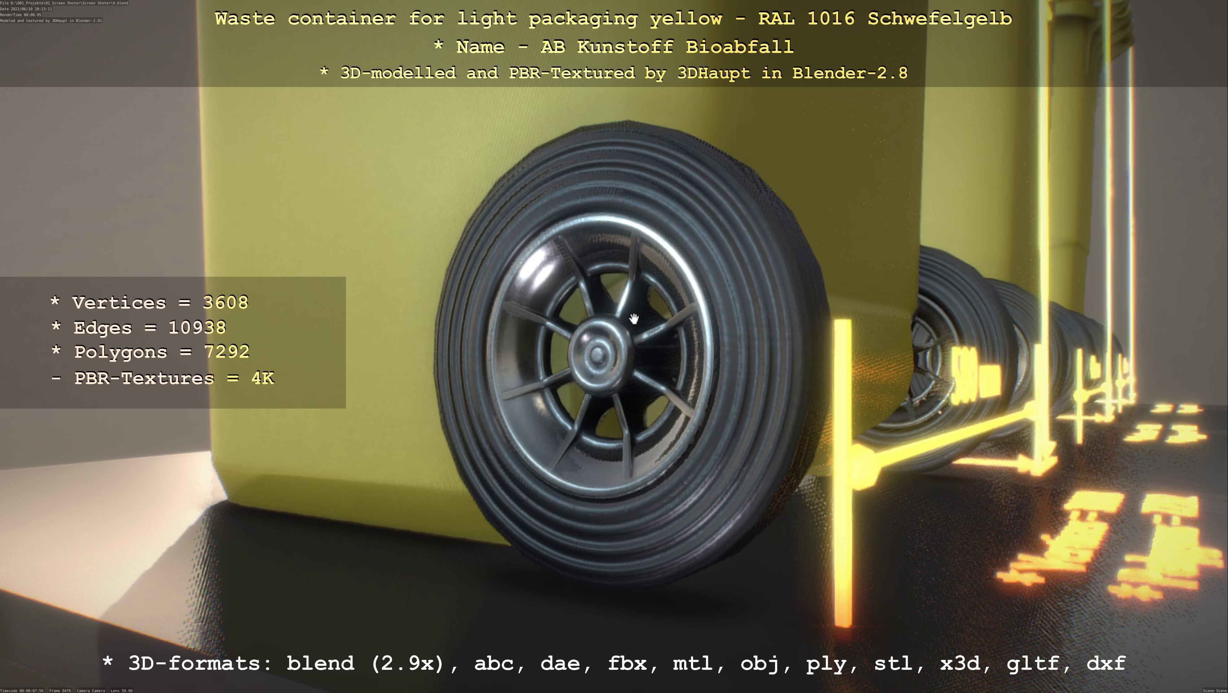 Waste container for light packaging yellow - RAL 1016  Low-poly 3D model_43