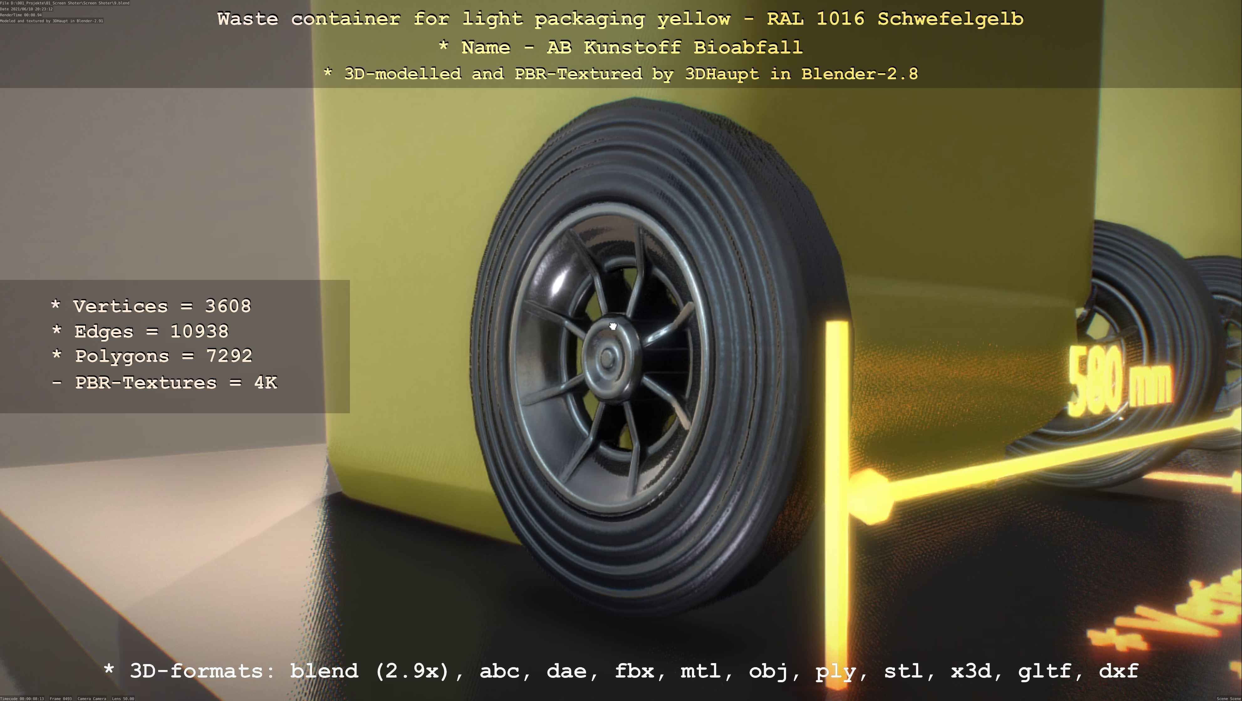 Waste container for light packaging yellow - RAL 1016  Low-poly 3D model_44