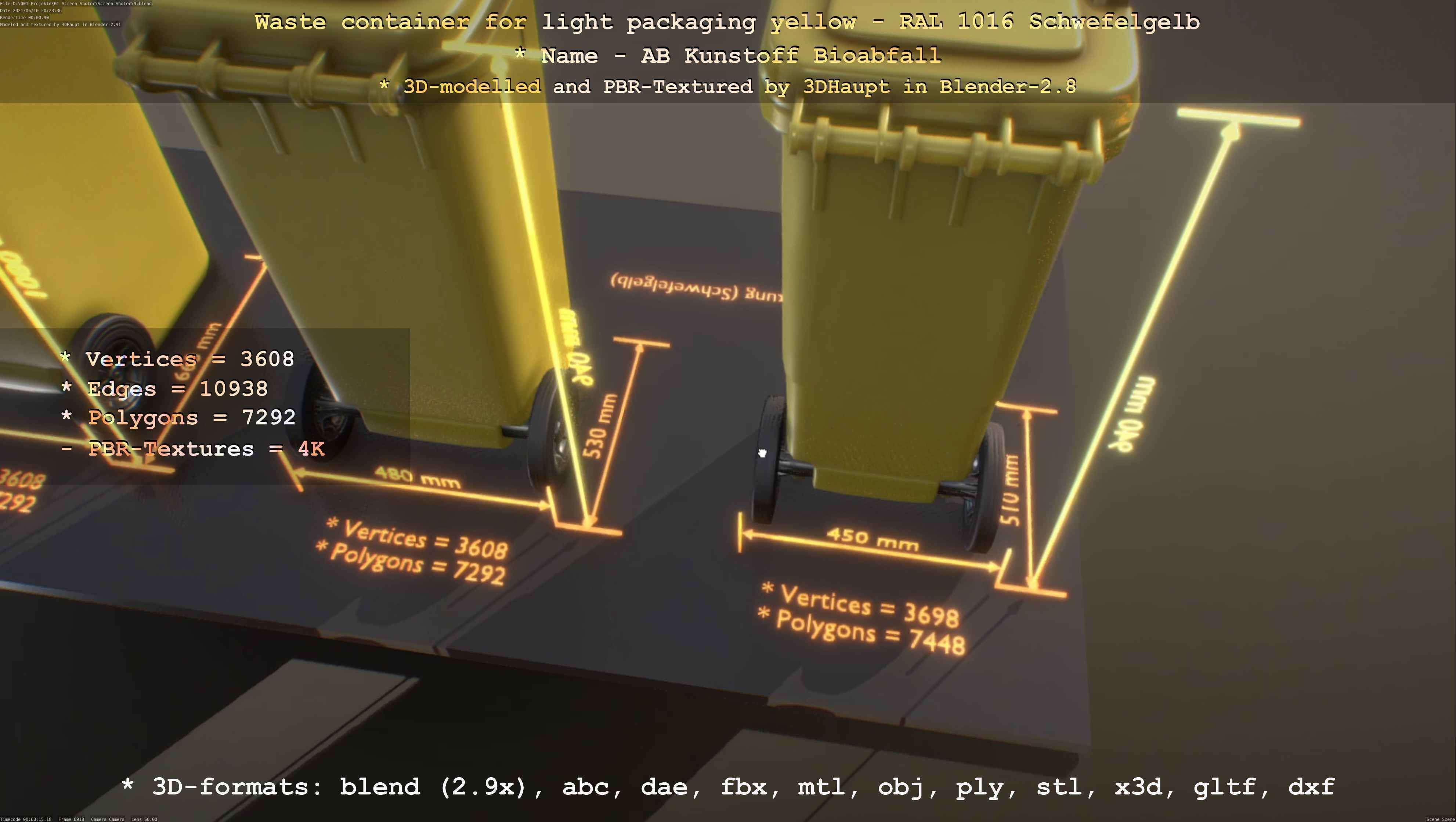 Waste container for light packaging yellow - RAL 1016  Low-poly 3D model_65