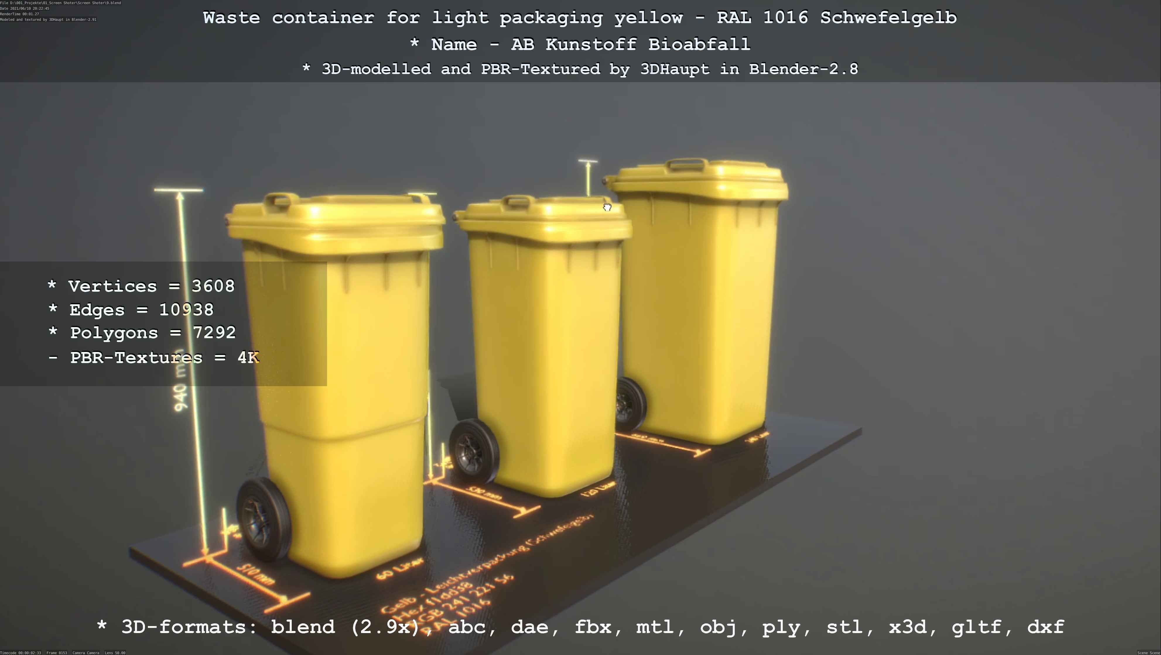 Waste container for light packaging yellow - RAL 1016  Low-poly 3D model_139