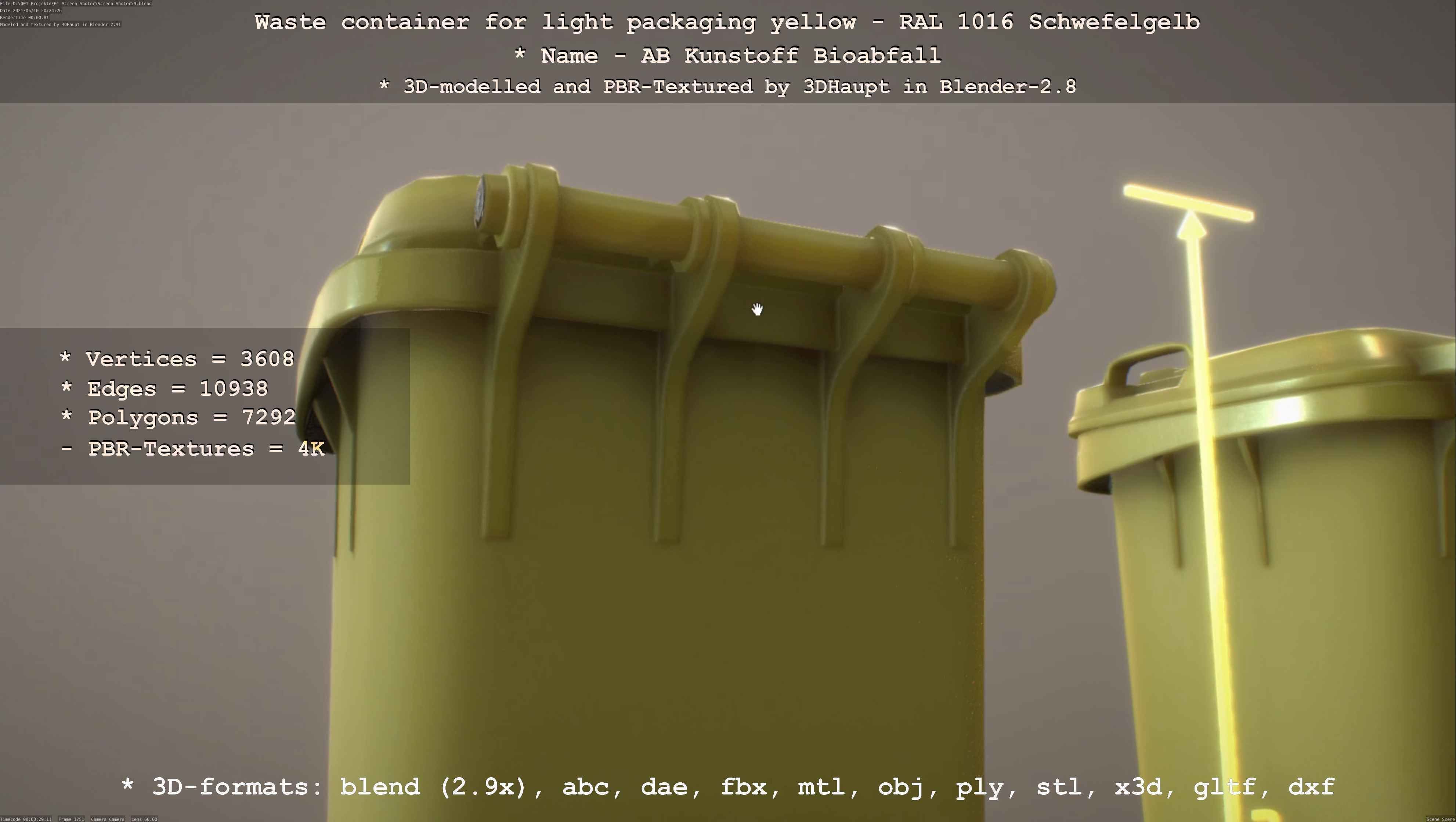 Waste container for light packaging yellow - RAL 1016  Low-poly 3D model_105