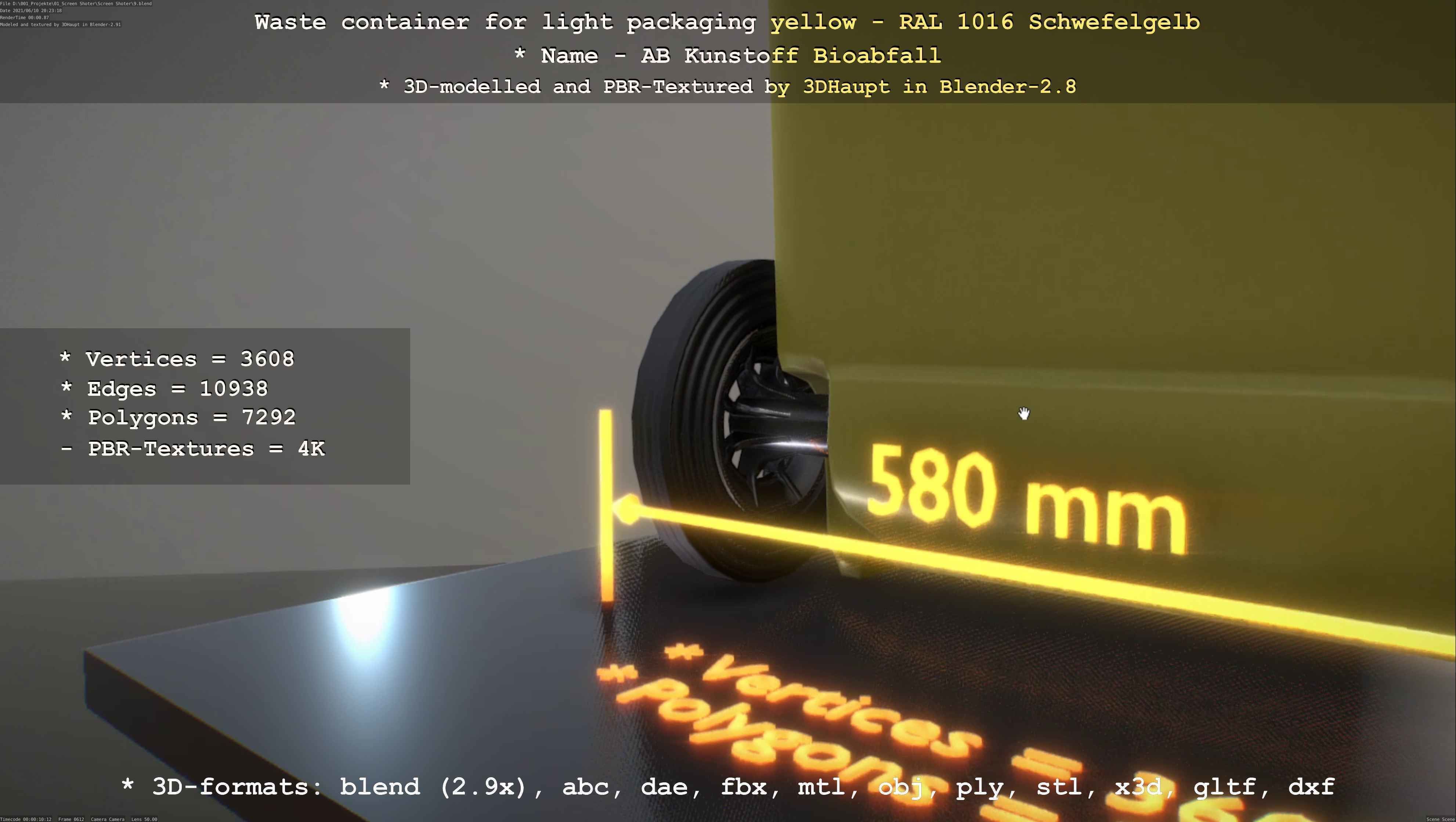 Waste container for light packaging yellow - RAL 1016  Low-poly 3D model_48