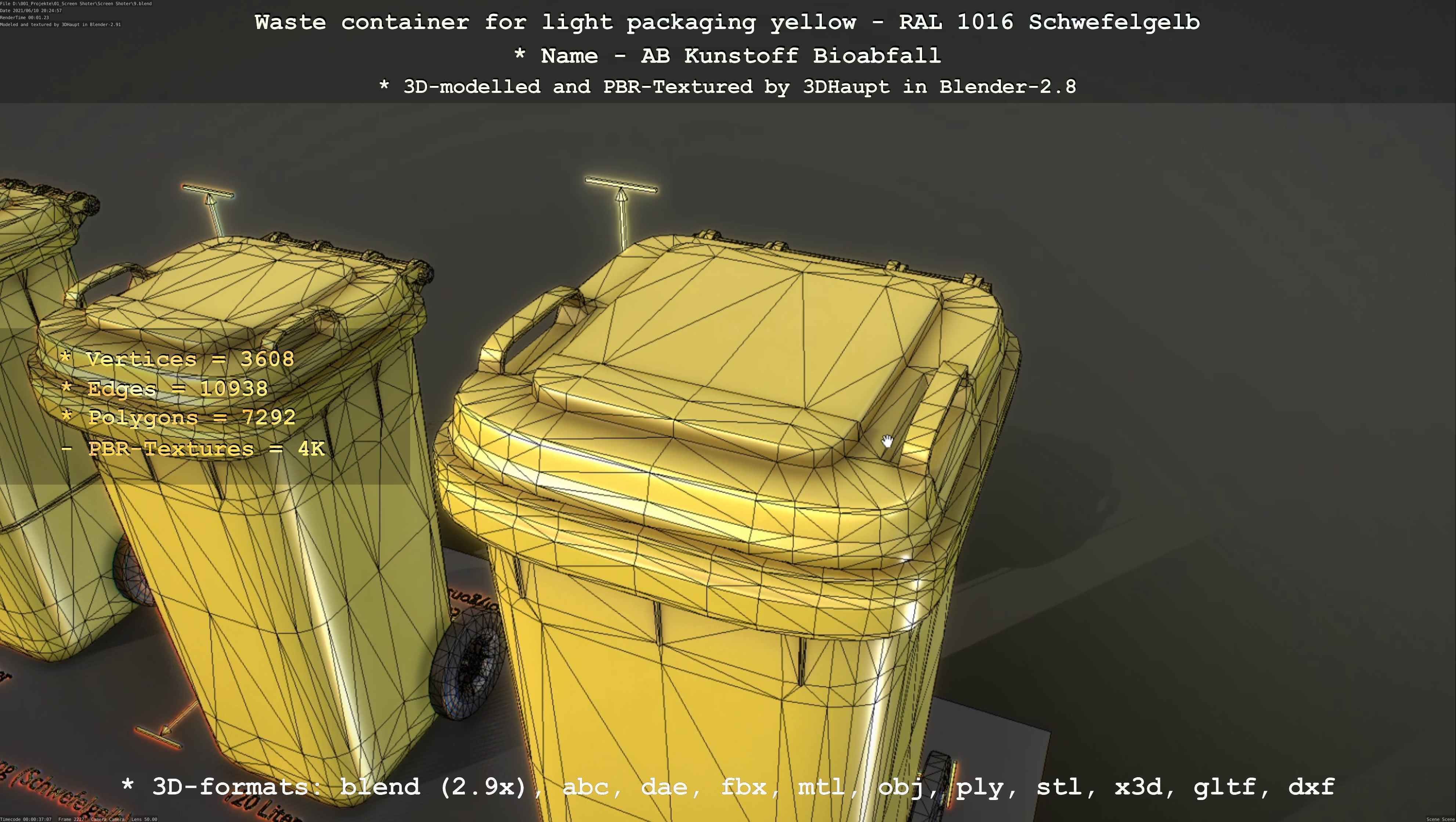 Waste container for light packaging yellow - RAL 1016  Low-poly 3D model_124