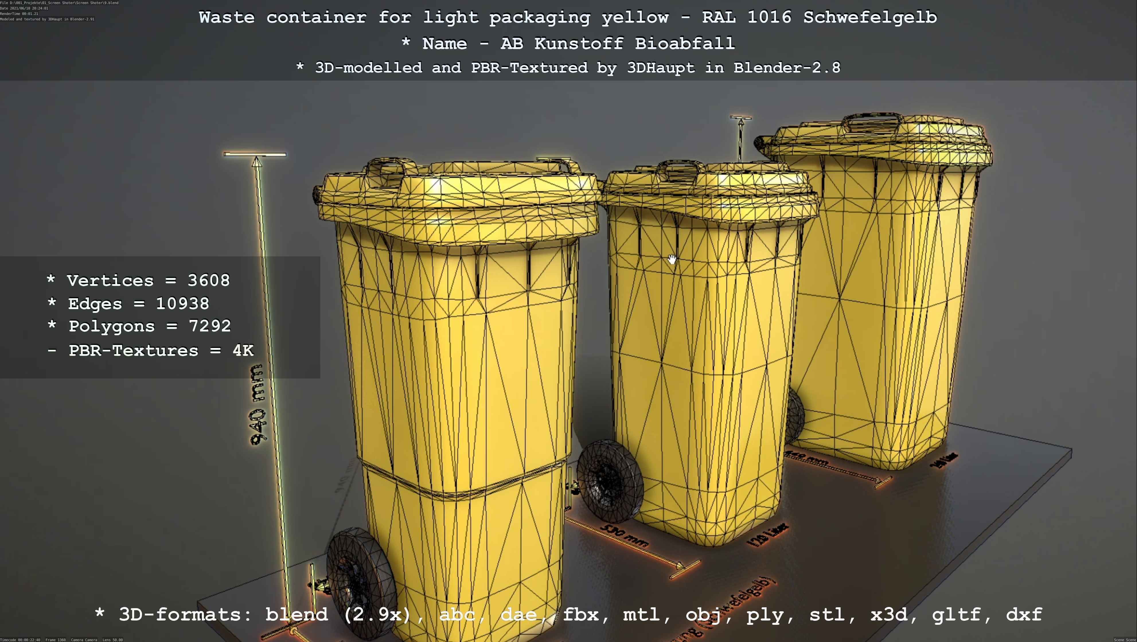 Waste container for light packaging yellow - RAL 1016  Low-poly 3D model_37