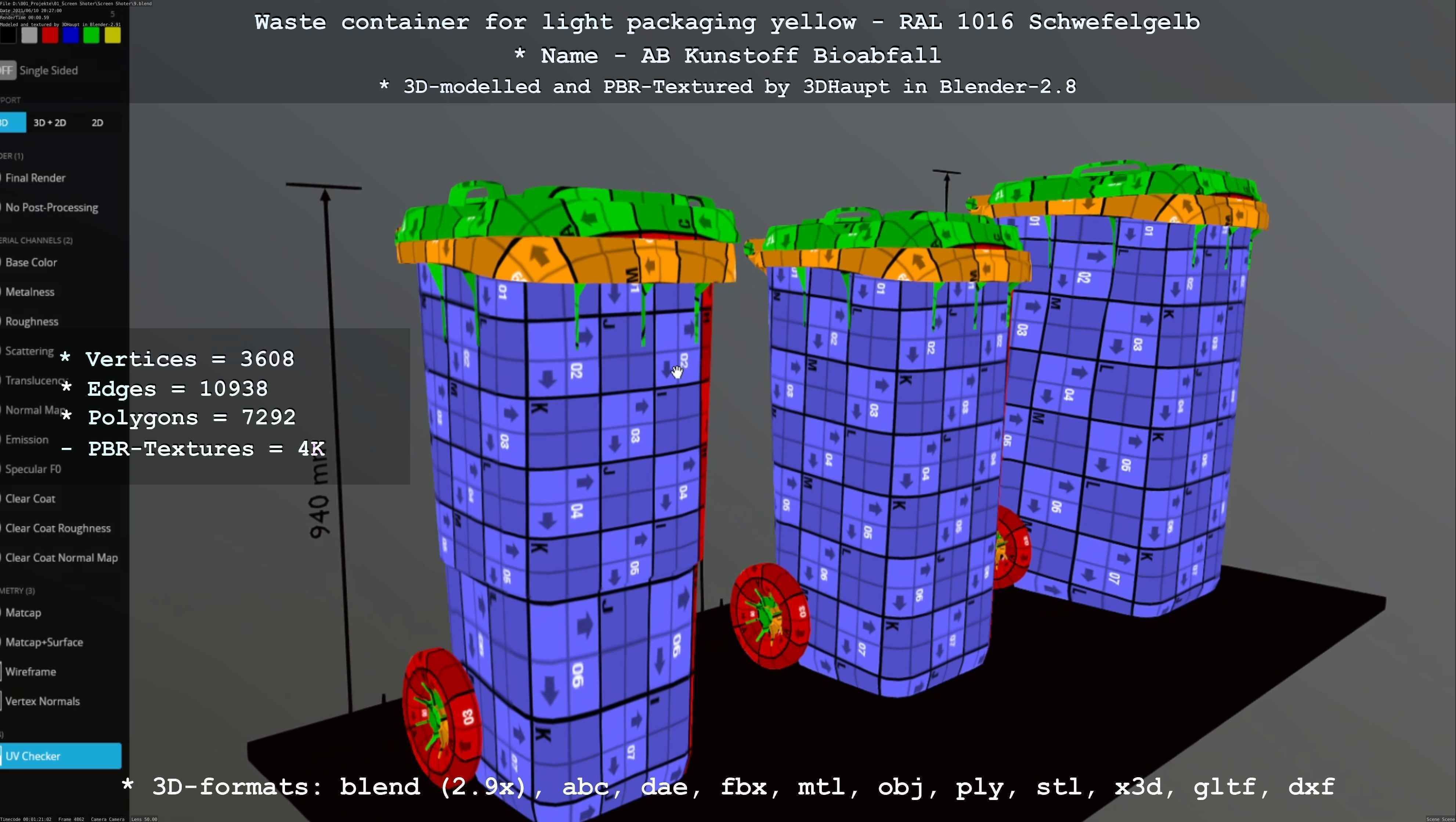 Waste container for light packaging yellow - RAL 1016  Low-poly 3D model_29