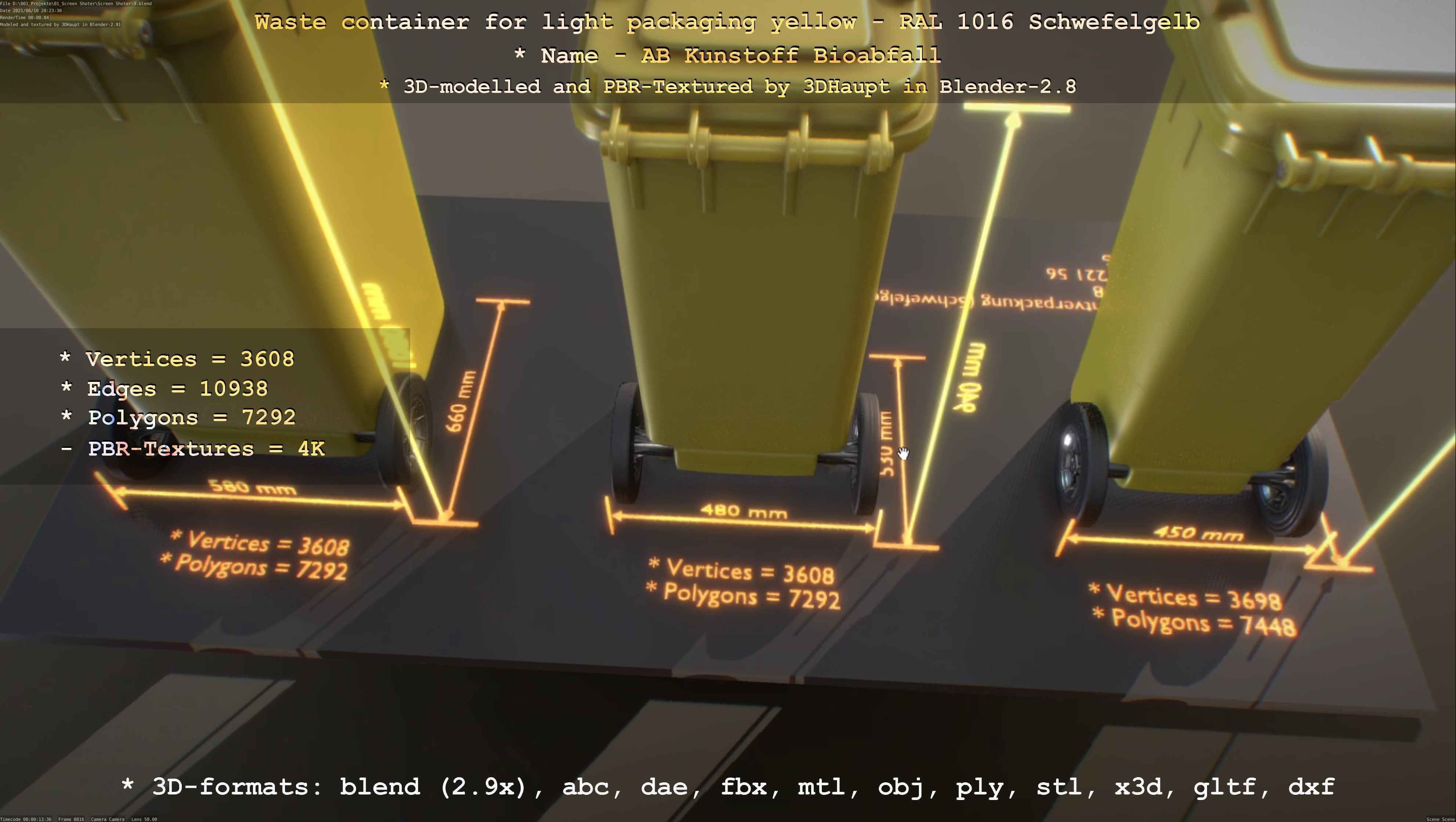 Waste container for light packaging yellow - RAL 1016  Low-poly 3D model_59