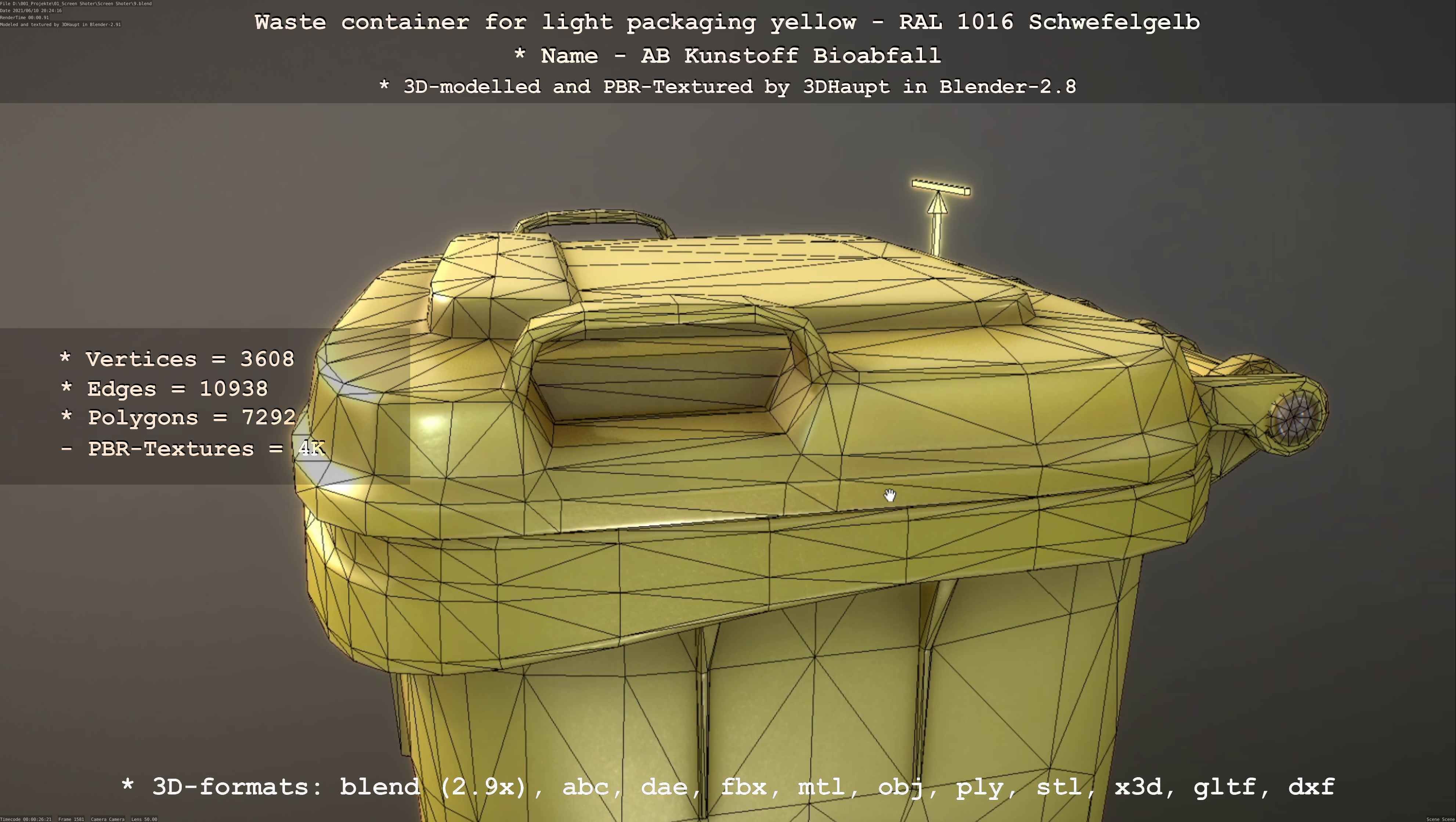 Waste container for light packaging yellow - RAL 1016  Low-poly 3D model_95