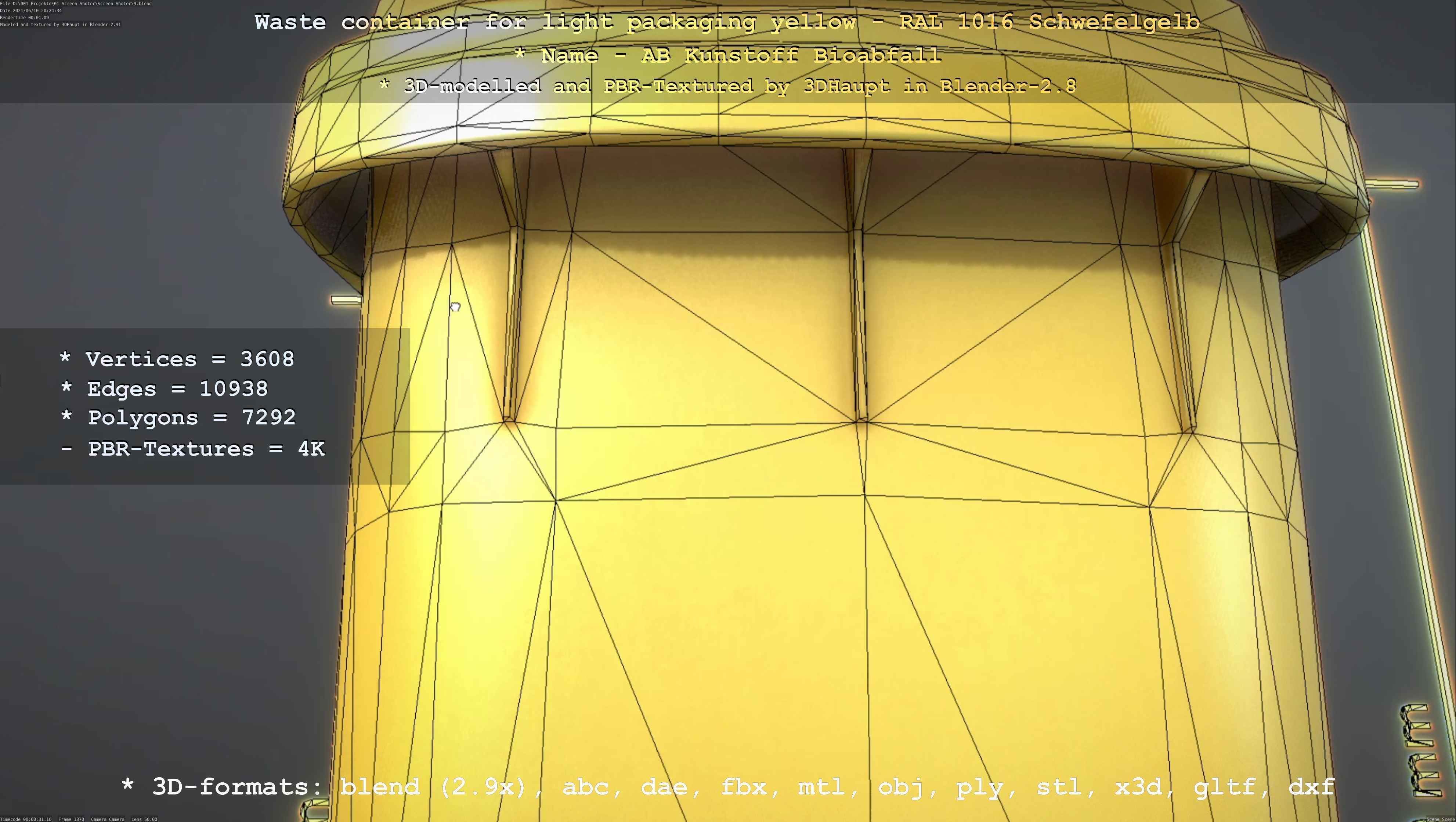 Waste container for light packaging yellow - RAL 1016  Low-poly 3D model_110