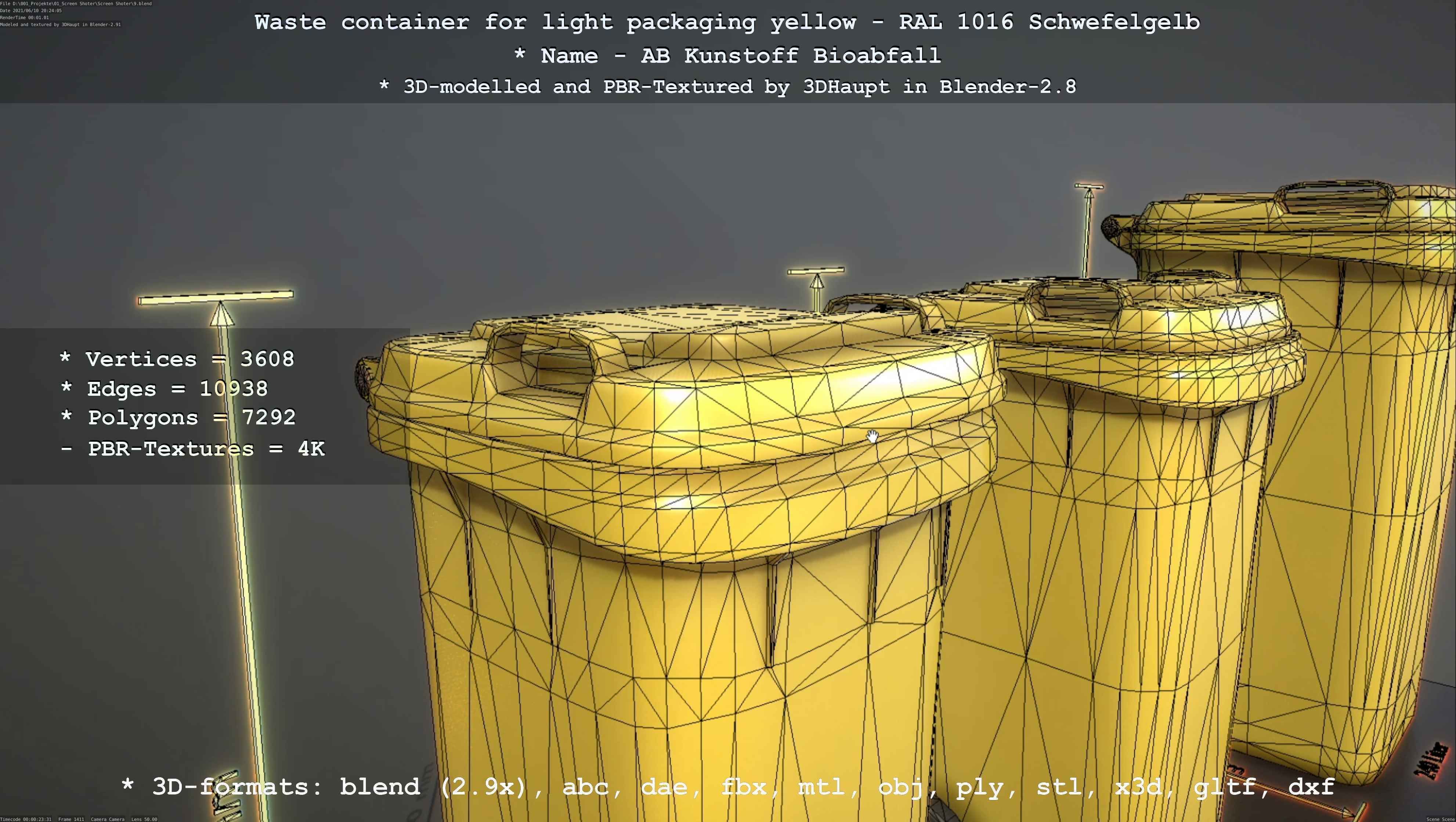 Waste container for light packaging yellow - RAL 1016  Low-poly 3D model_89