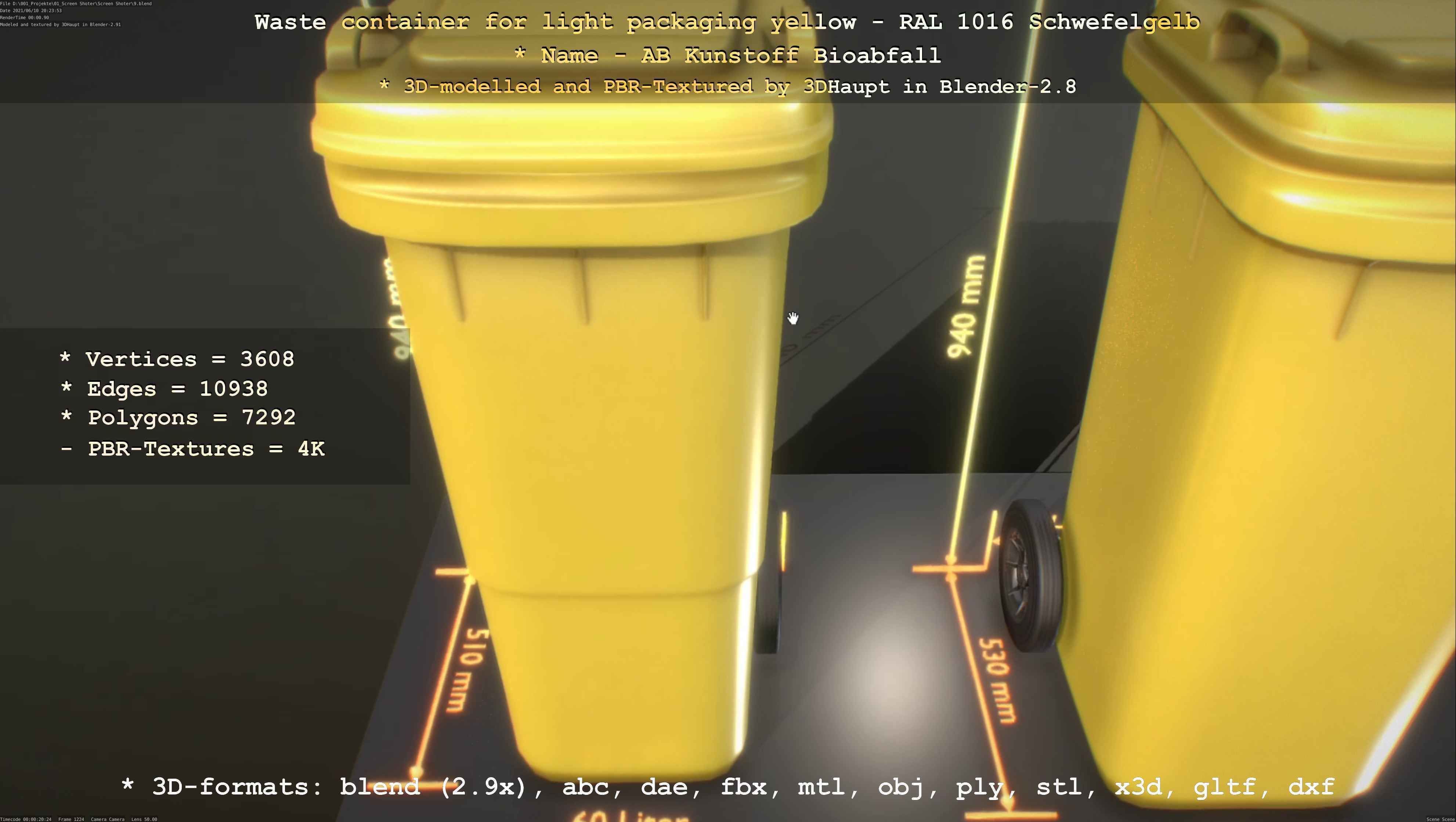 Waste container for light packaging yellow - RAL 1016  Low-poly 3D model_80