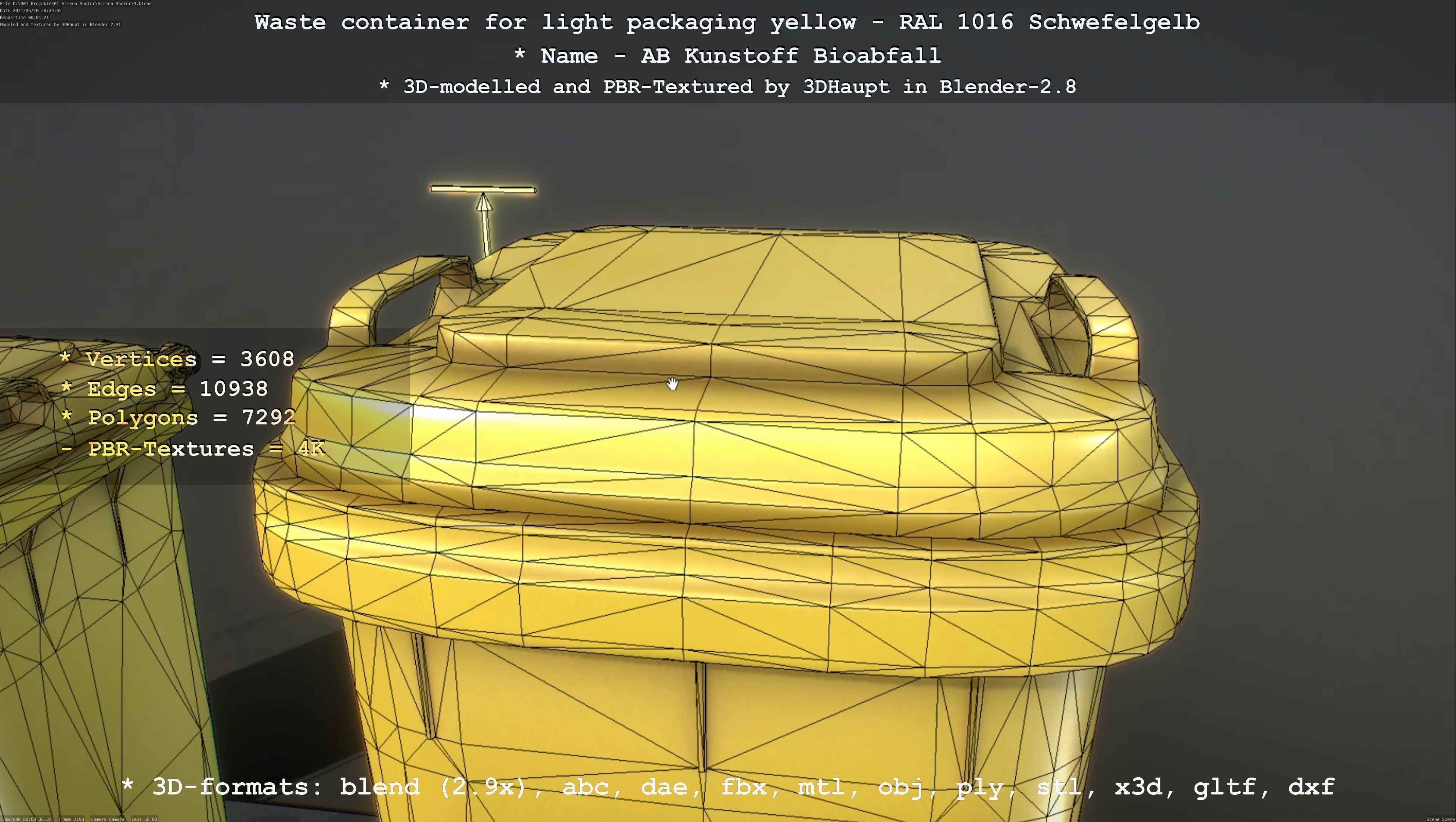 Waste container for light packaging yellow - RAL 1016  Low-poly 3D model_123