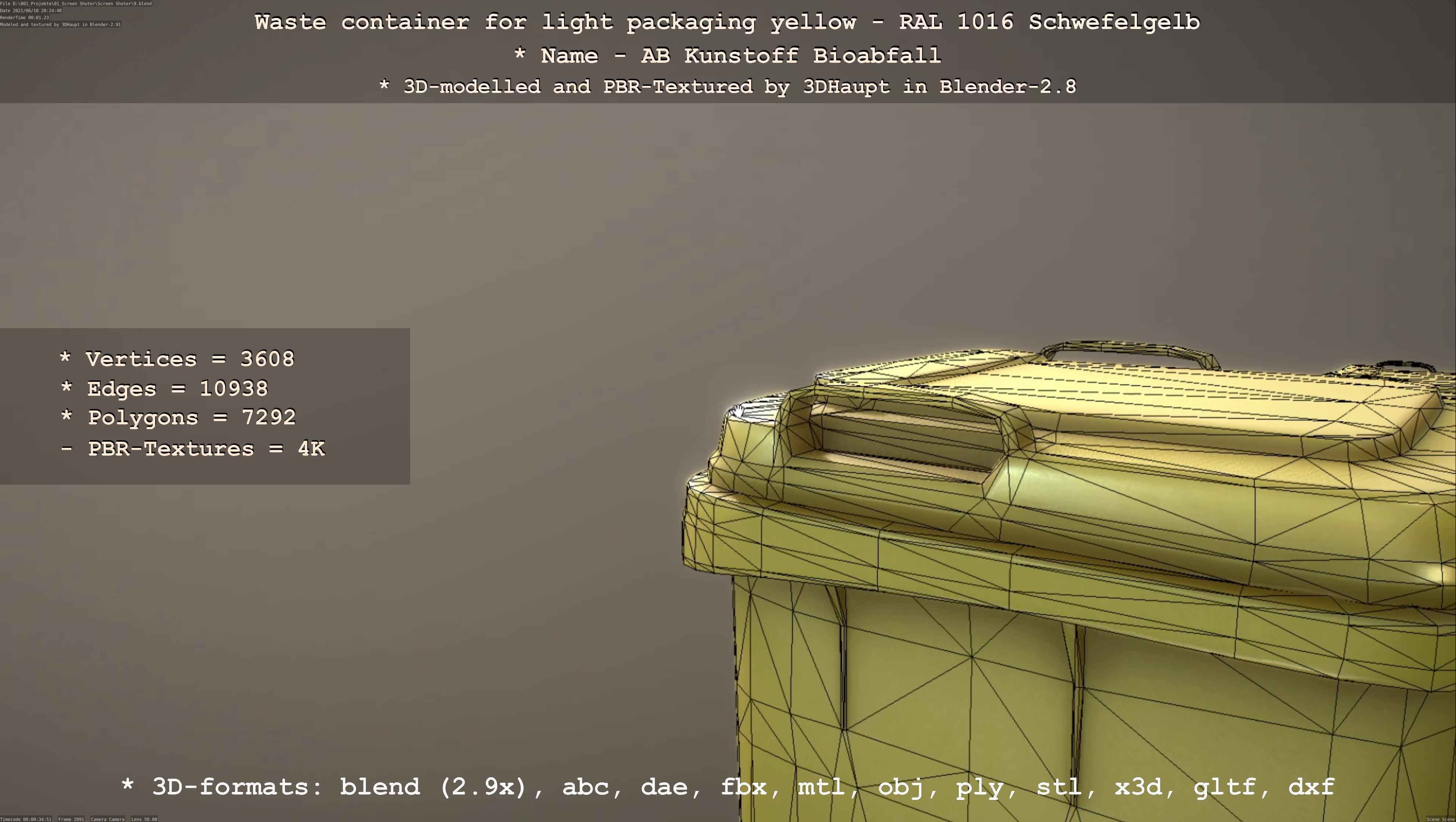 Waste container for light packaging yellow - RAL 1016  Low-poly 3D model_119