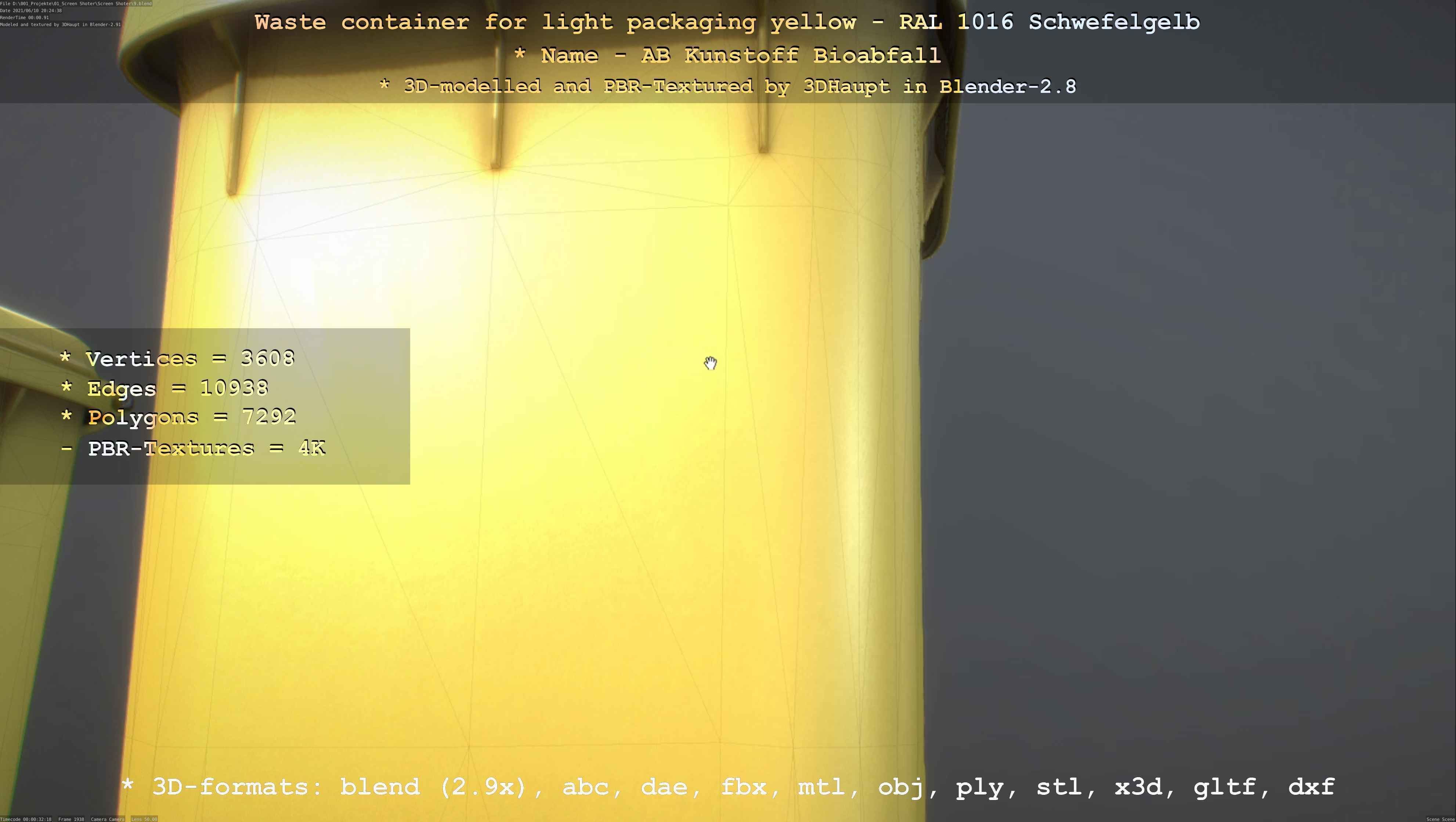 Waste container for light packaging yellow - RAL 1016  Low-poly 3D model_5