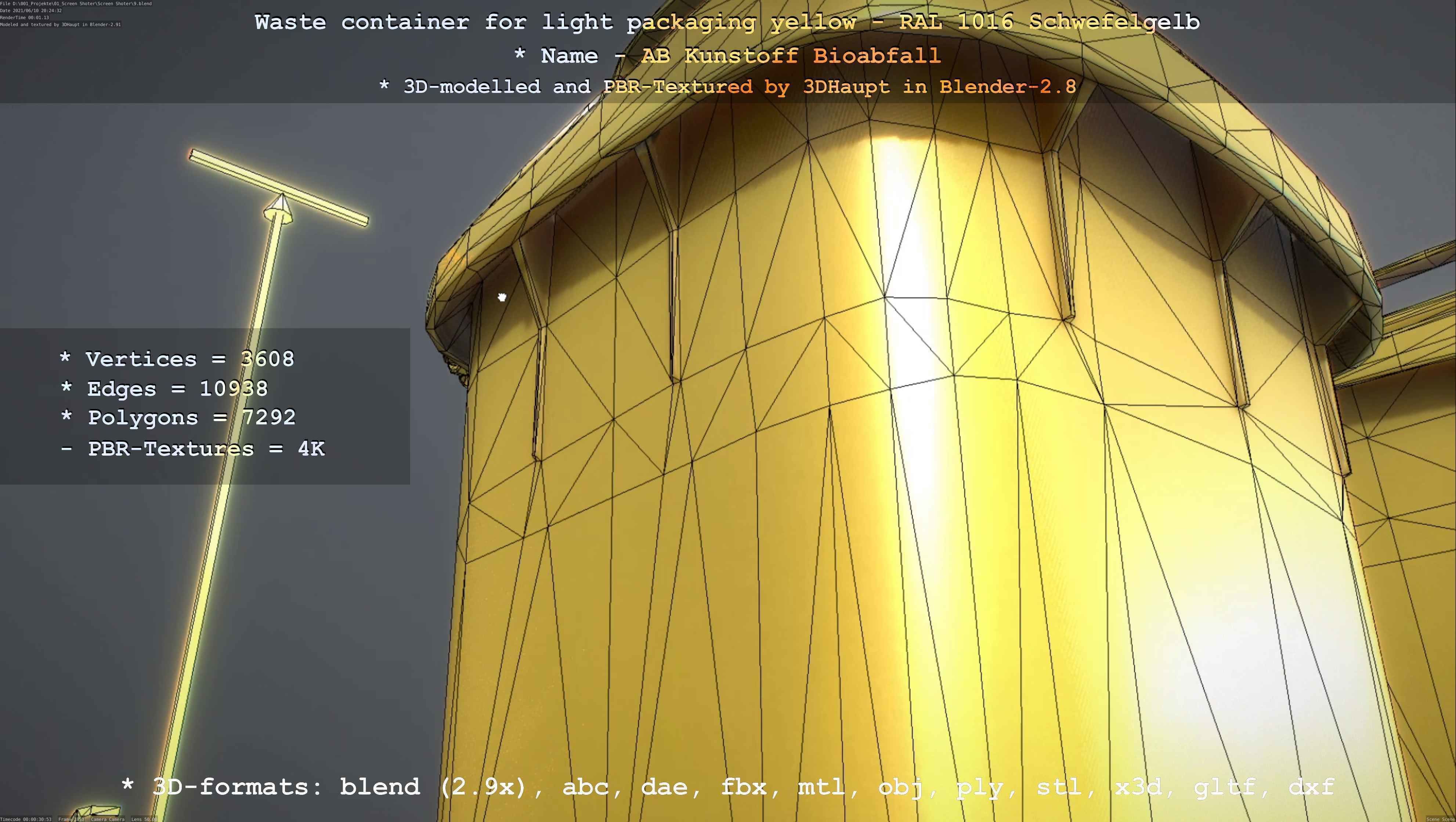 Waste container for light packaging yellow - RAL 1016  Low-poly 3D model_109