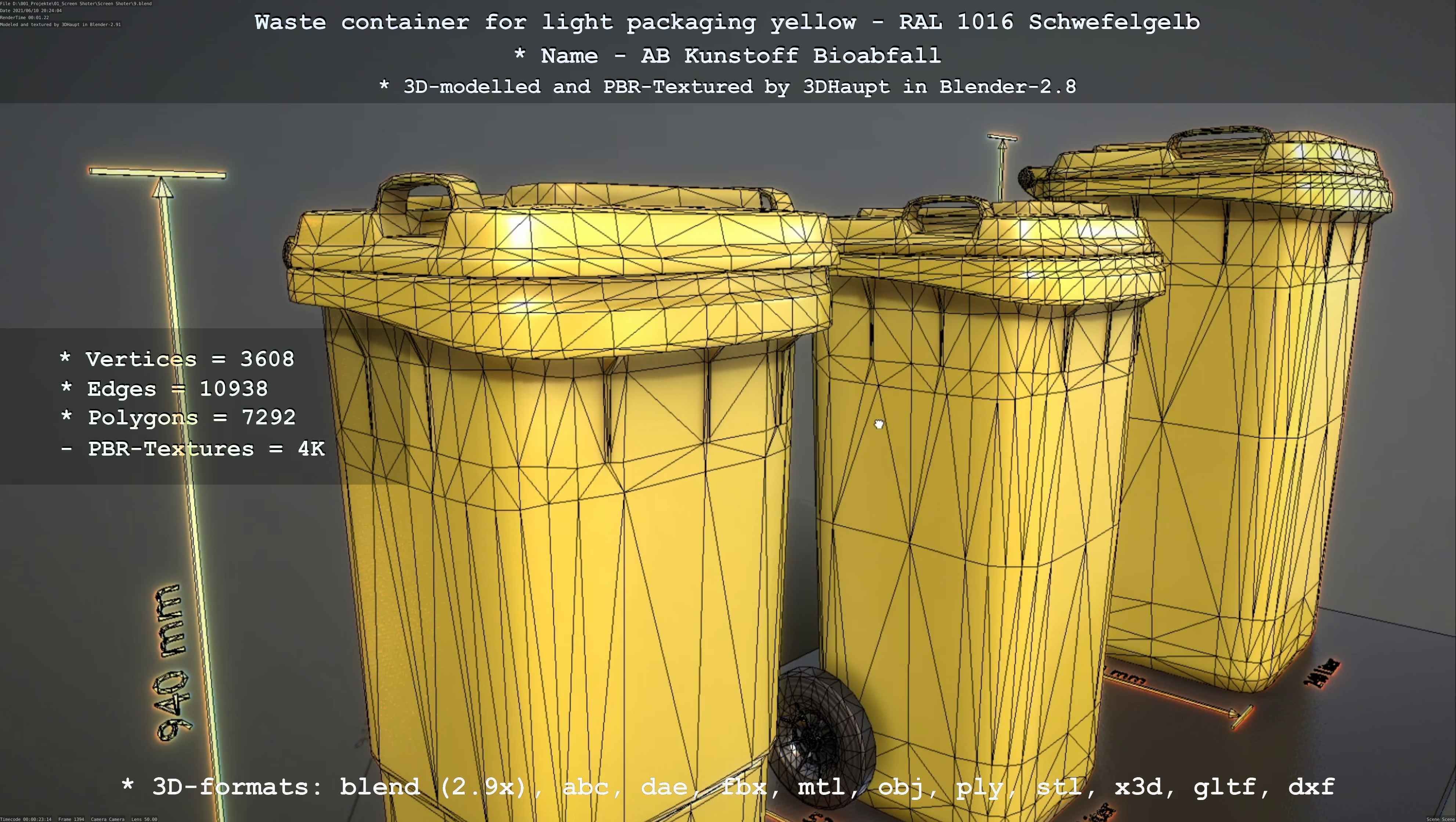 Waste container for light packaging yellow - RAL 1016  Low-poly 3D model_88