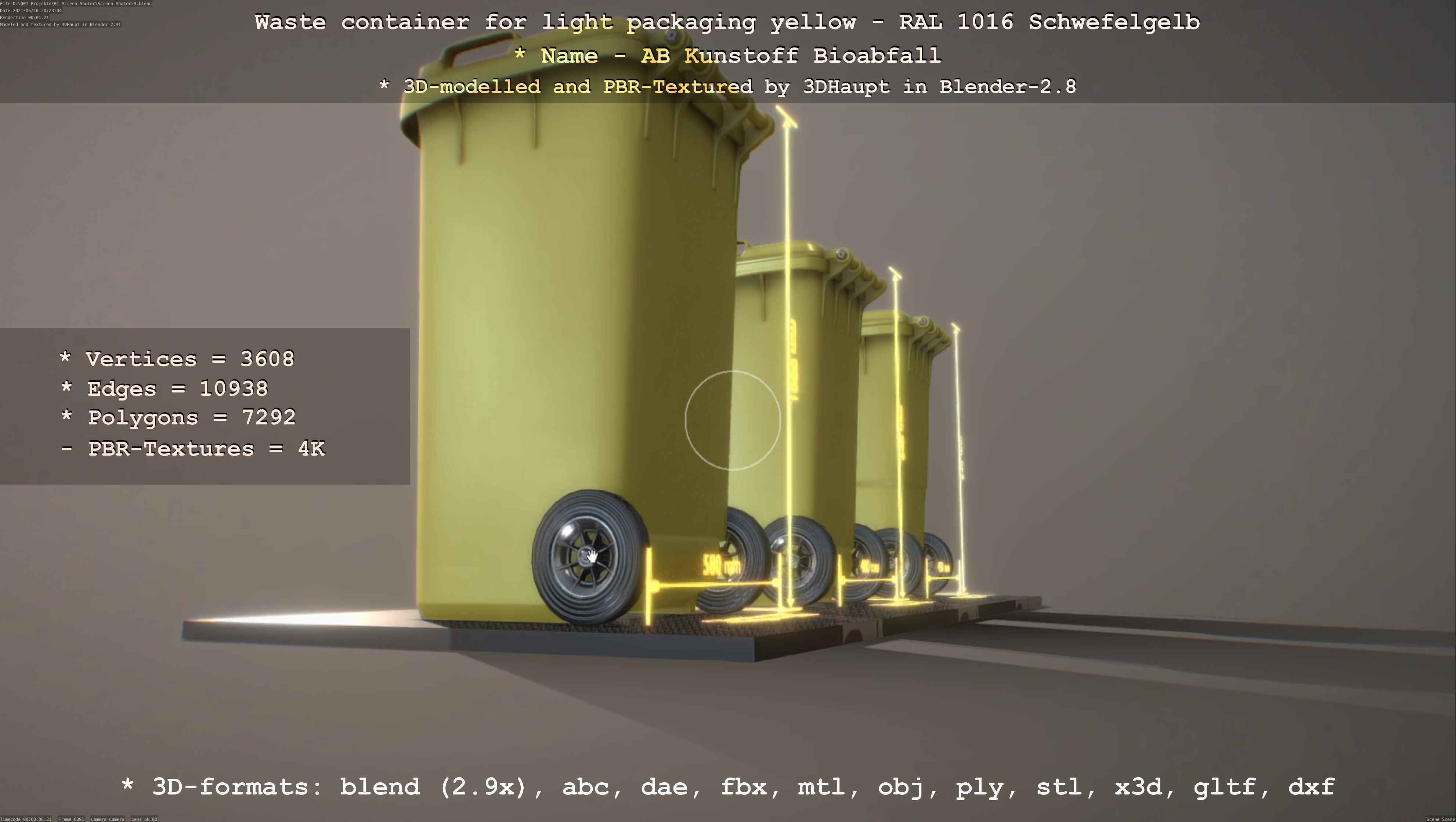 Waste container for light packaging yellow - RAL 1016  Low-poly 3D model_24