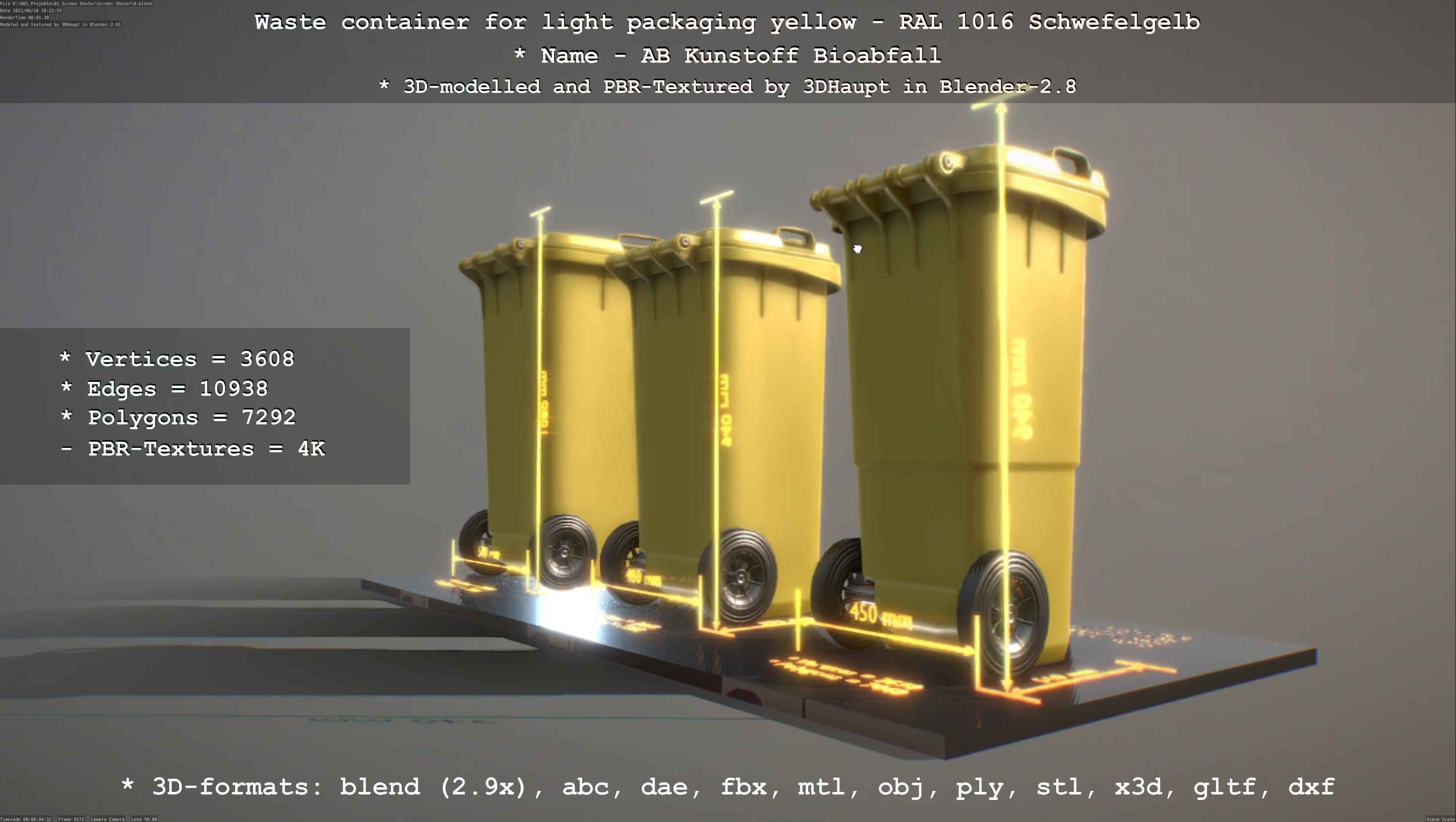 Waste container for light packaging yellow - RAL 1016  Low-poly 3D model_34