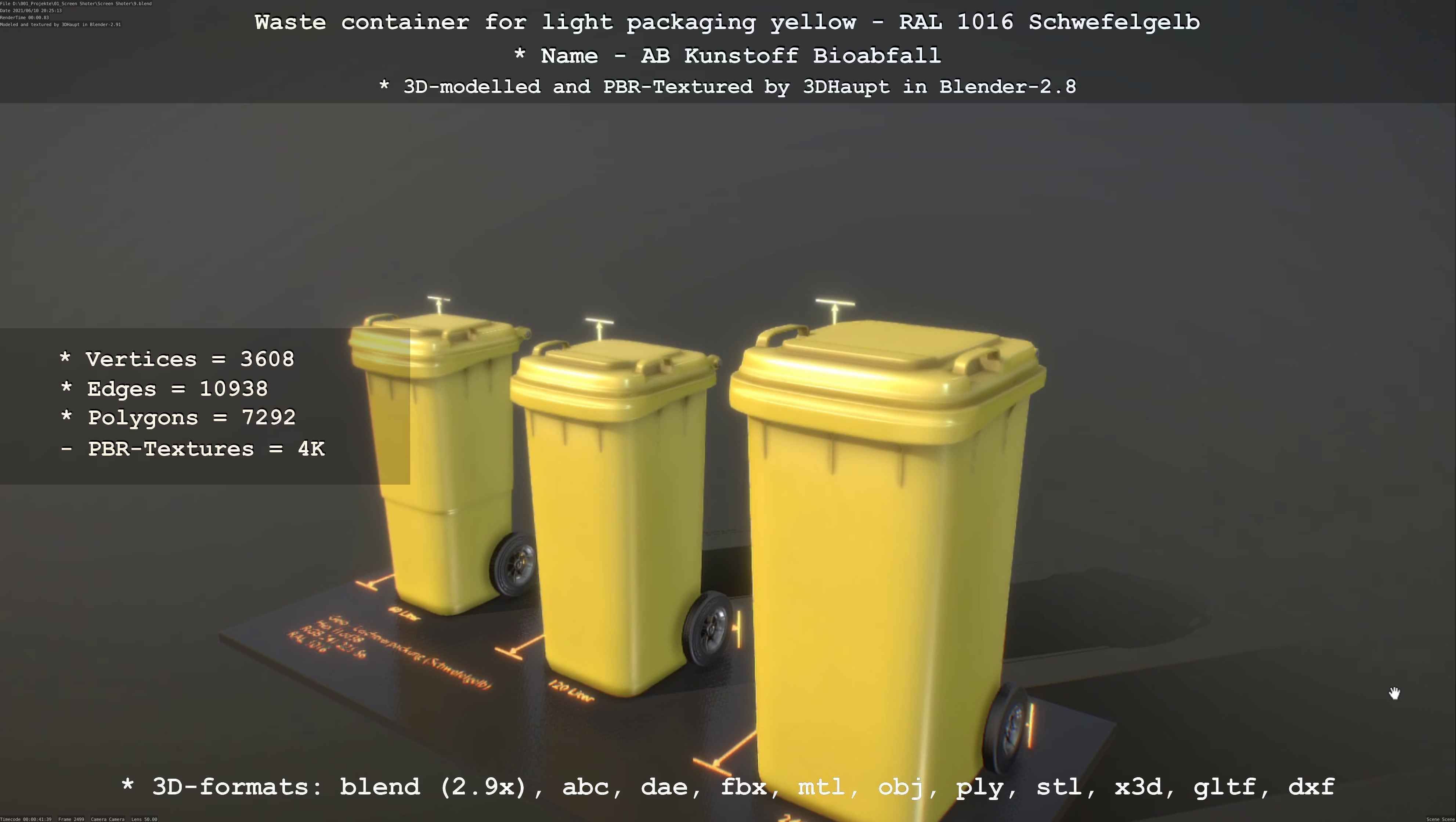 Waste container for light packaging yellow - RAL 1016  Low-poly 3D model_12