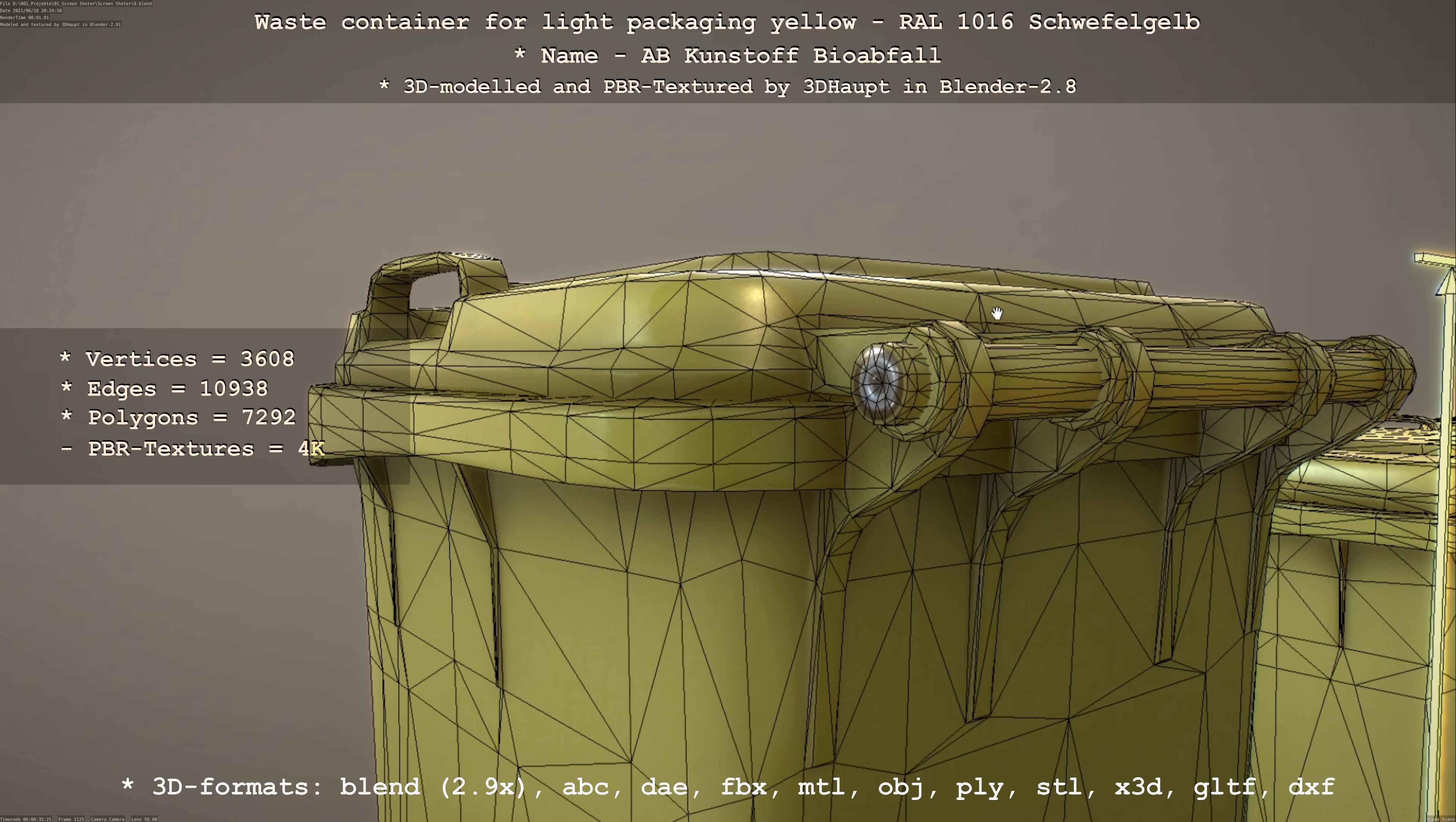 Waste container for light packaging yellow - RAL 1016  Low-poly 3D model_120