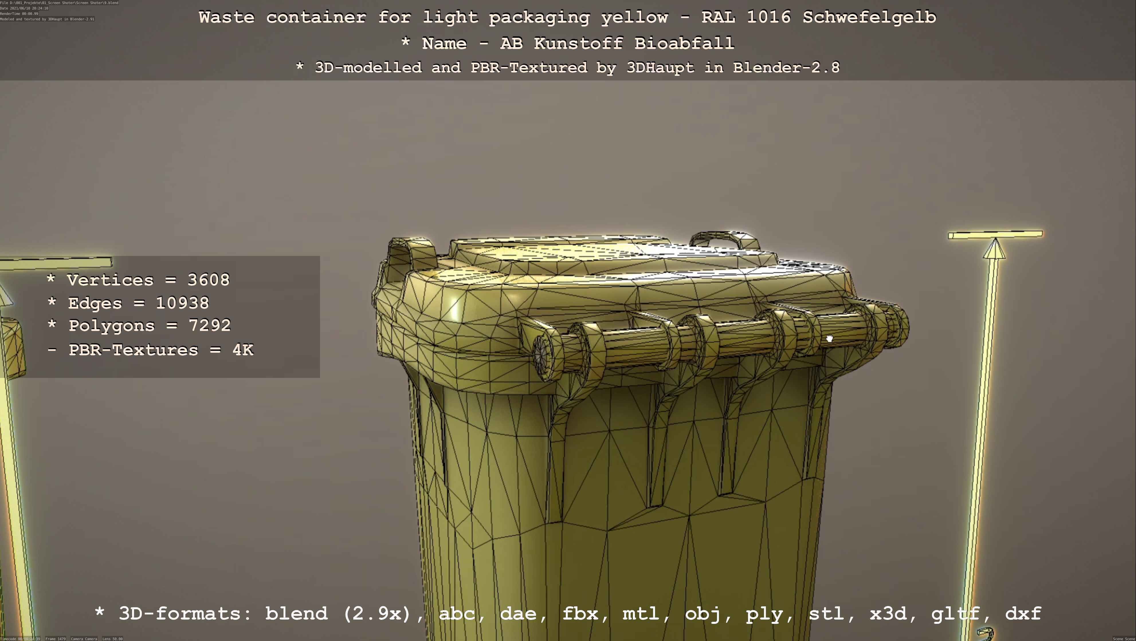 Waste container for light packaging yellow - RAL 1016  Low-poly 3D model_92