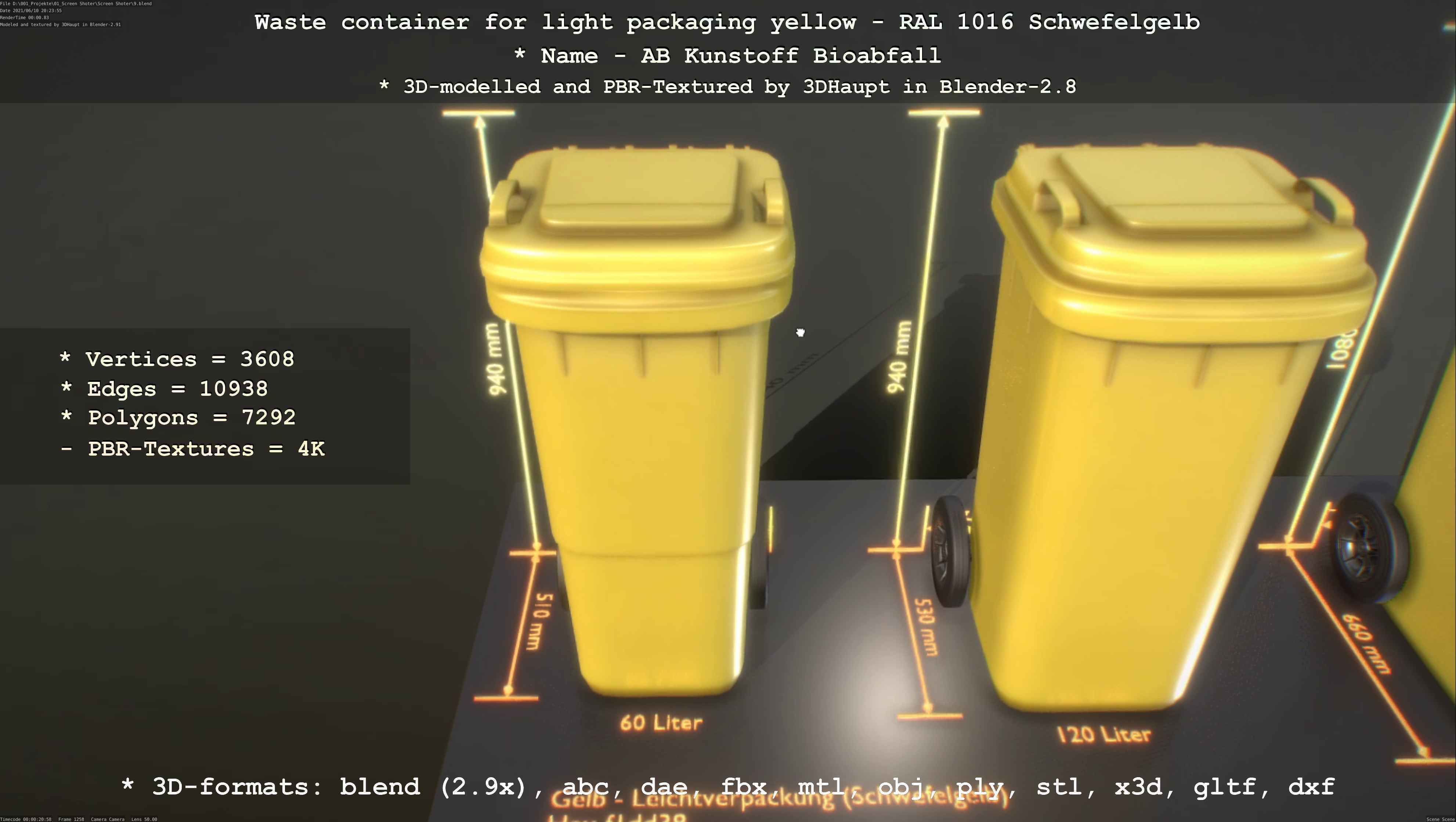 Waste container for light packaging yellow - RAL 1016  Low-poly 3D model_82
