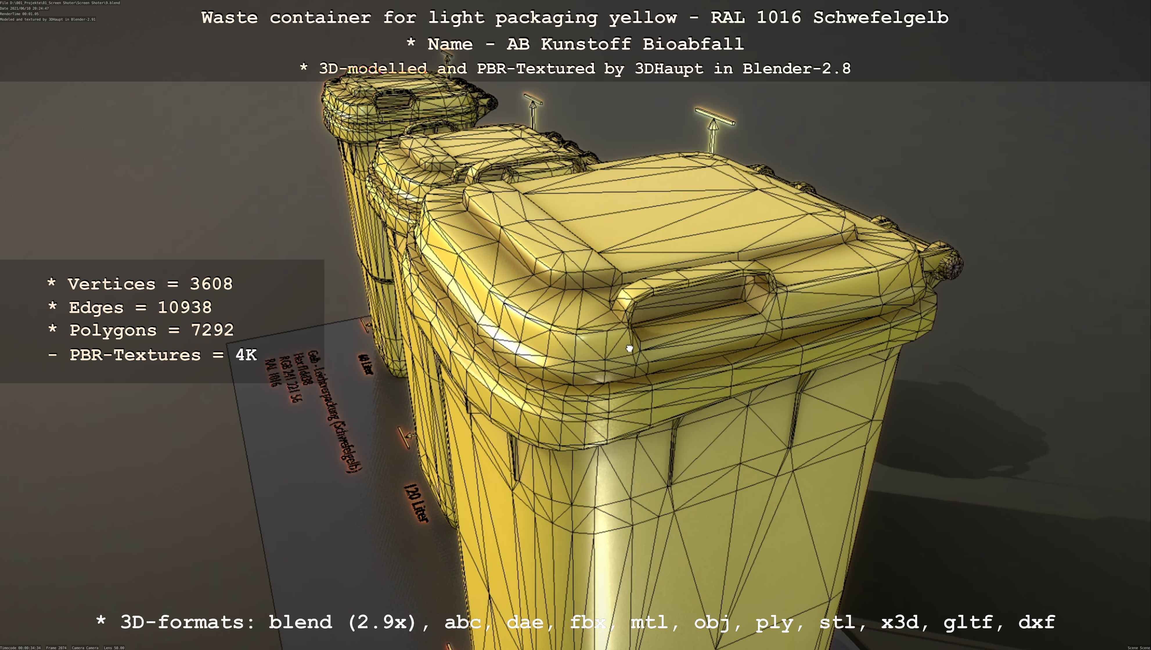Waste container for light packaging yellow - RAL 1016  Low-poly 3D model_117