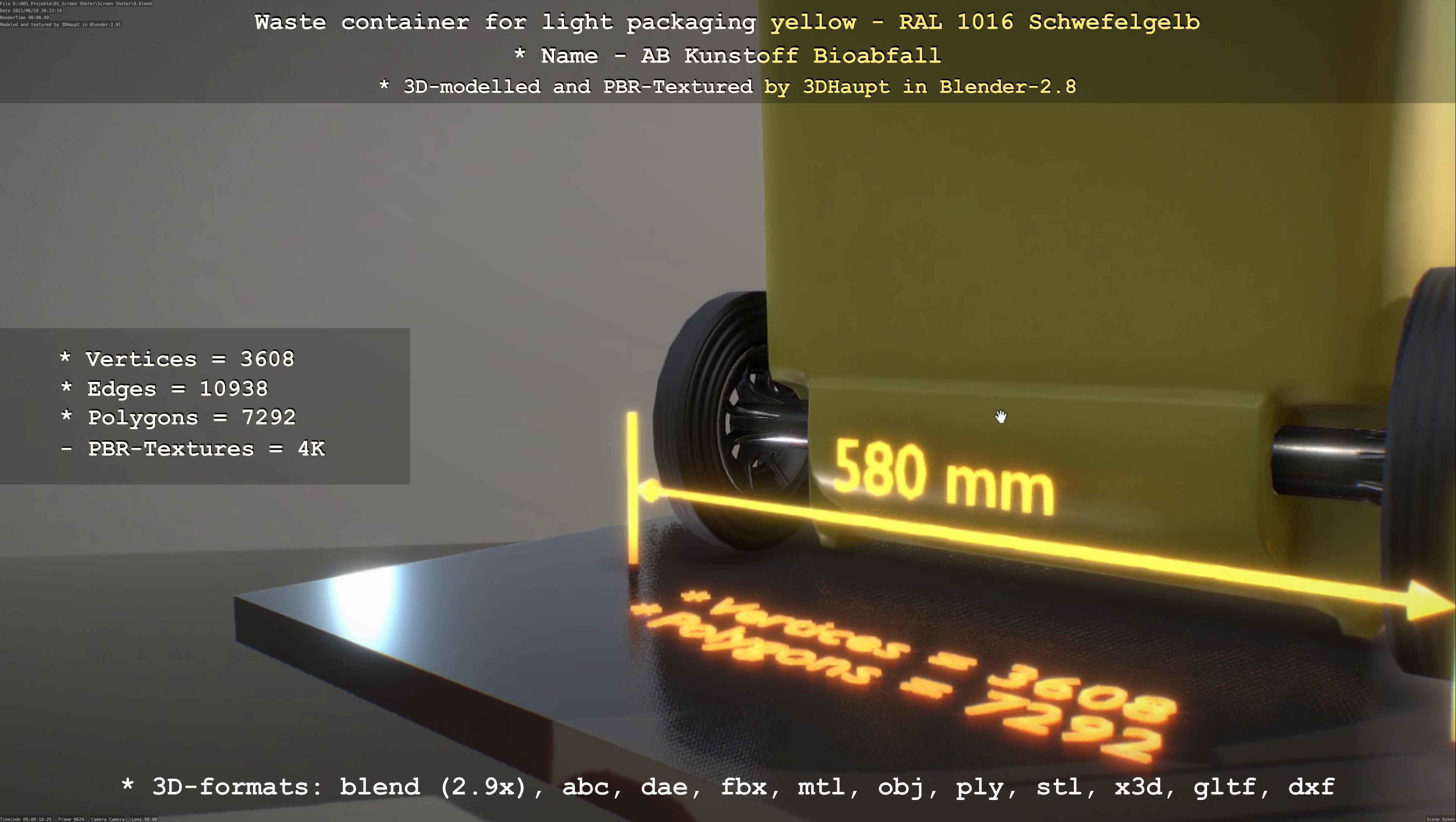 Waste container for light packaging yellow - RAL 1016  Low-poly 3D model_49