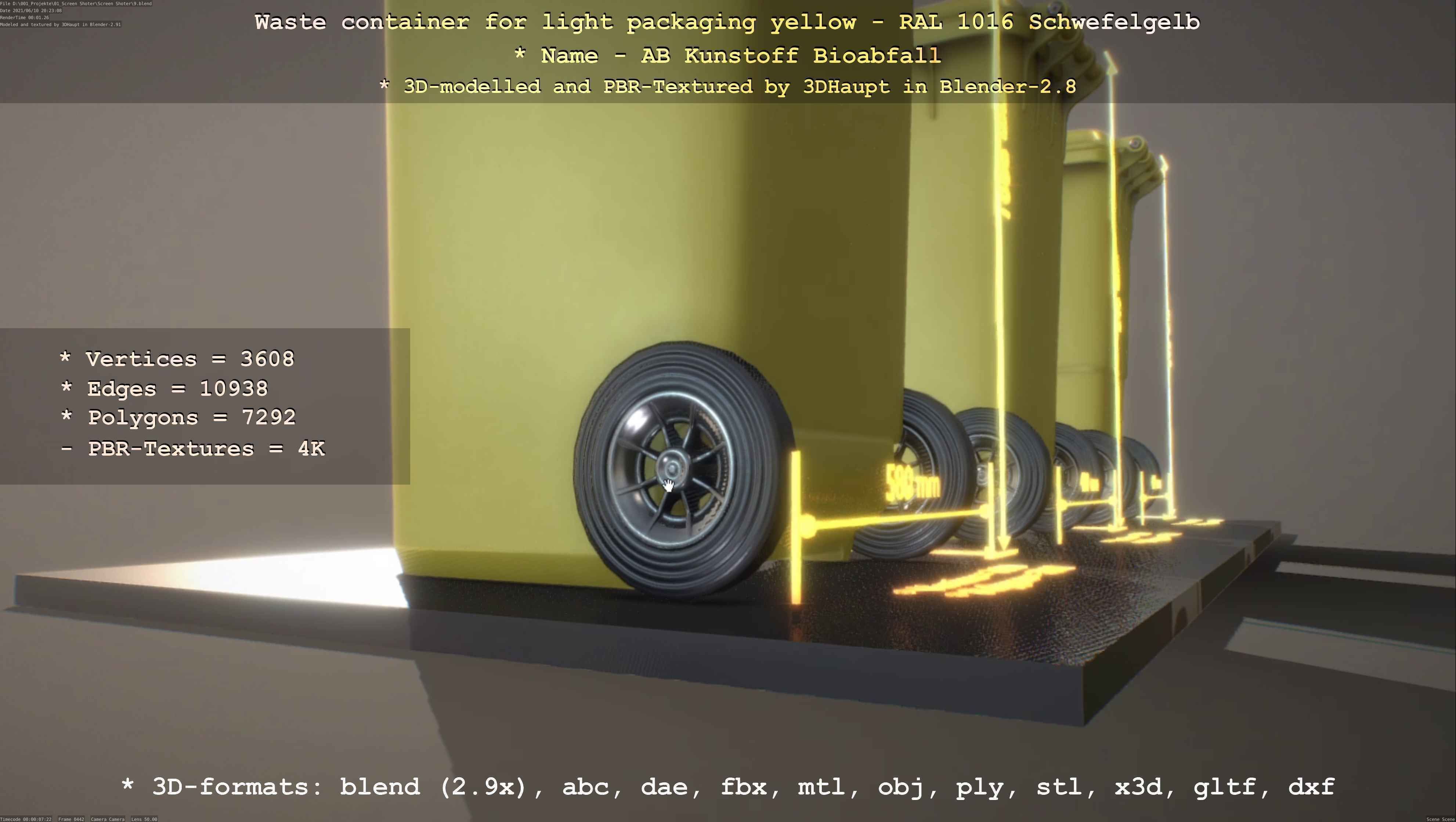 Waste container for light packaging yellow - RAL 1016  Low-poly 3D model_129