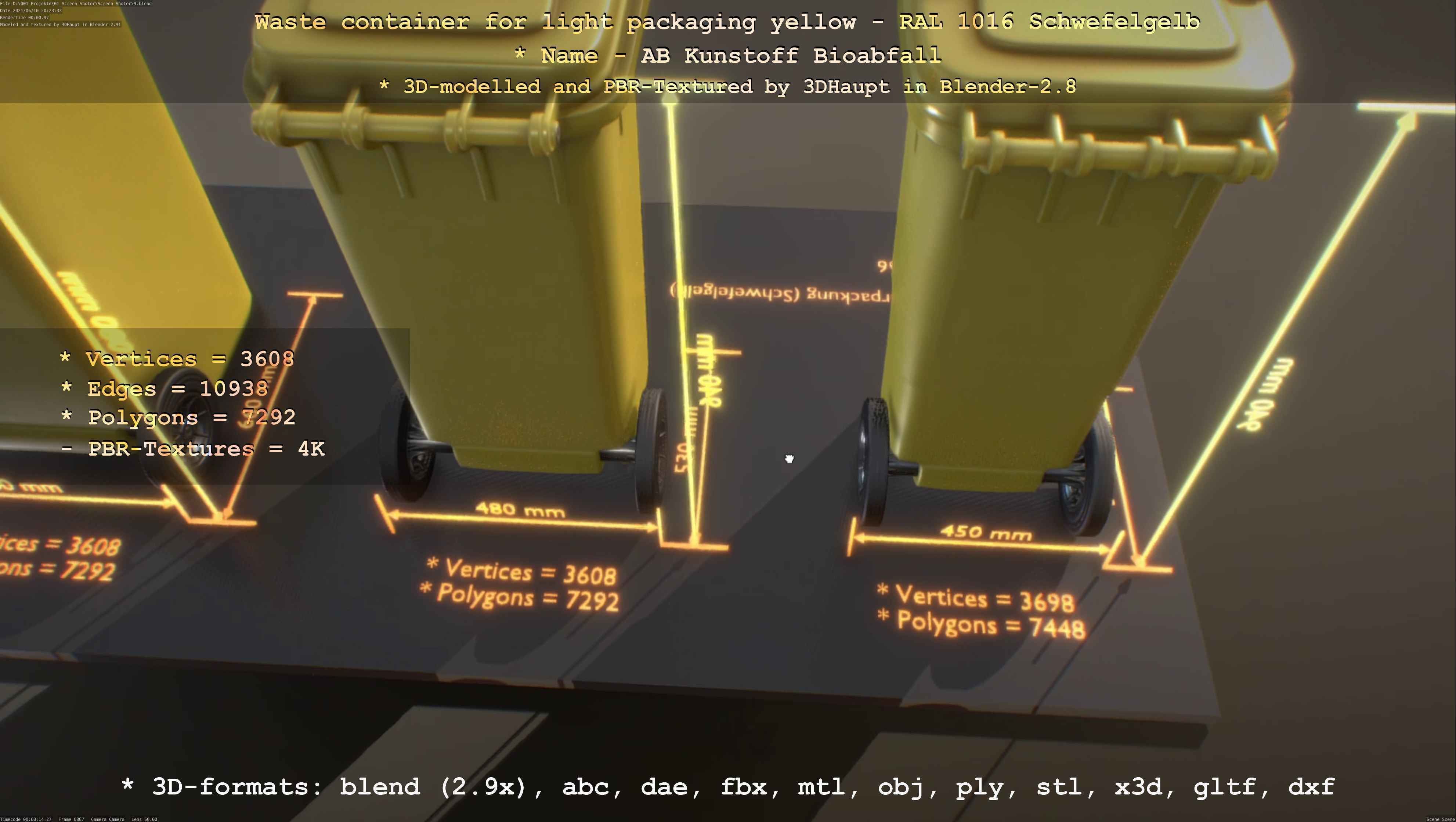 Waste container for light packaging yellow - RAL 1016  Low-poly 3D model_62