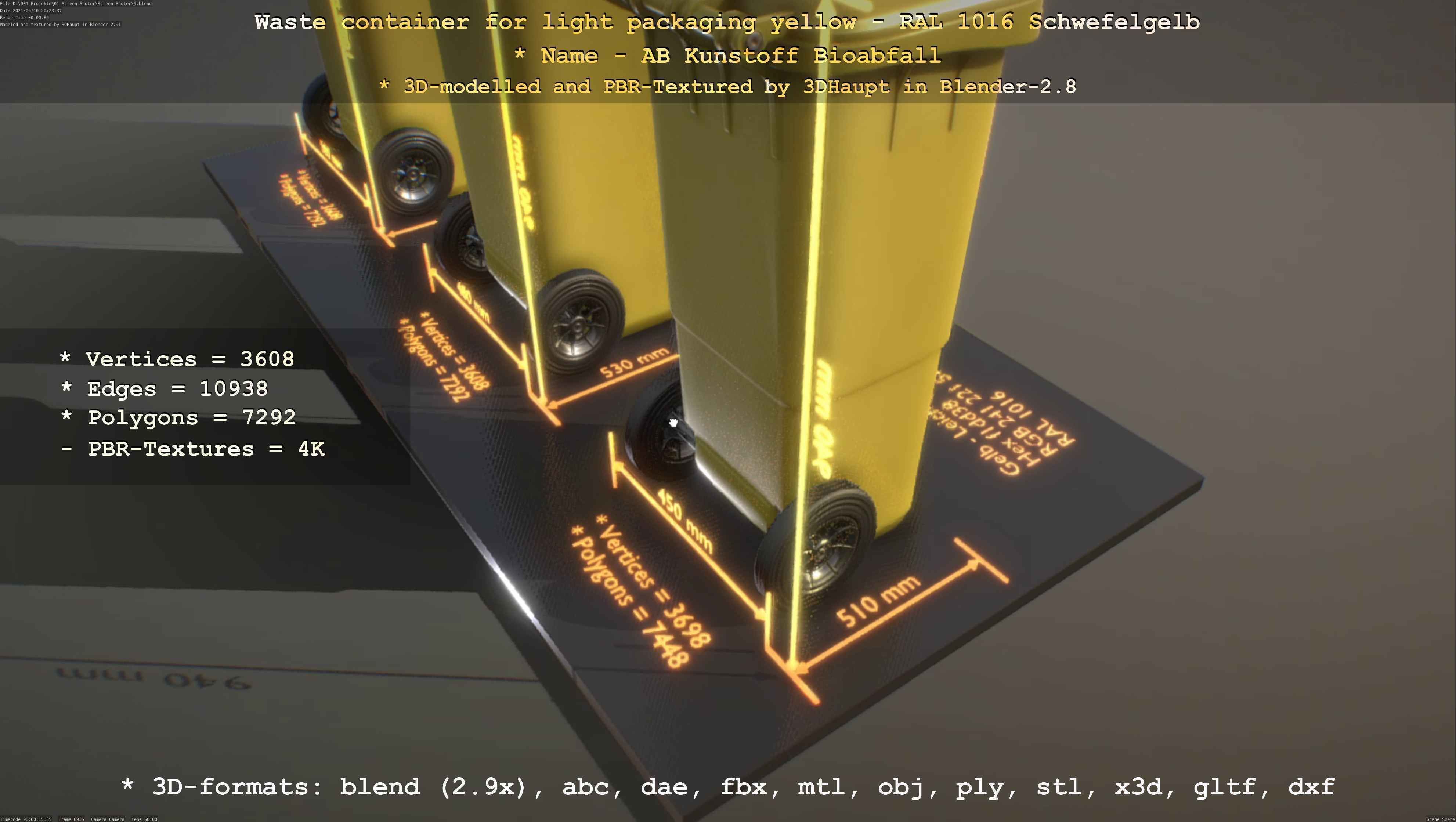 Waste container for light packaging yellow - RAL 1016  Low-poly 3D model_66
