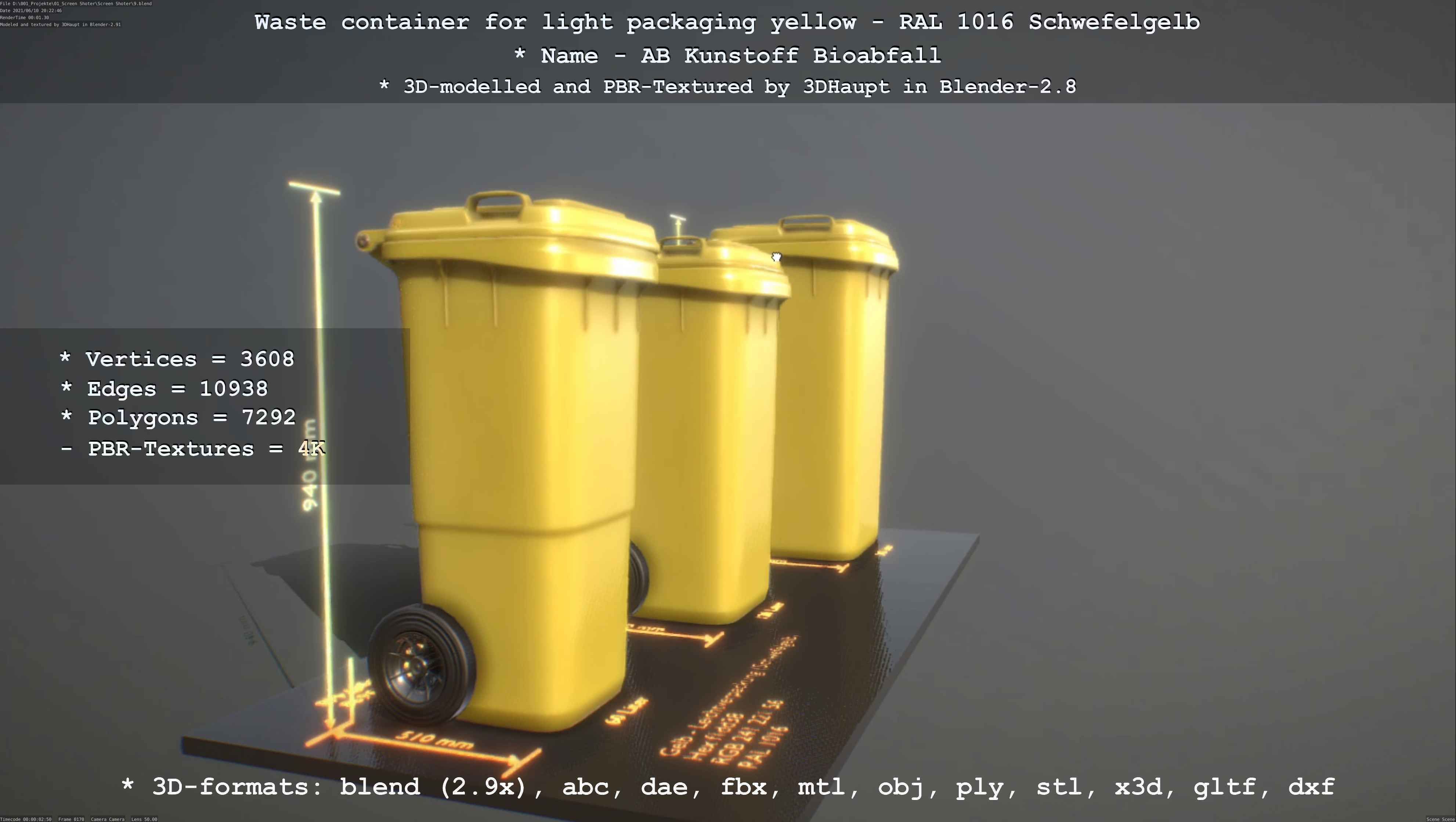 Waste container for light packaging yellow - RAL 1016  Low-poly 3D model_41