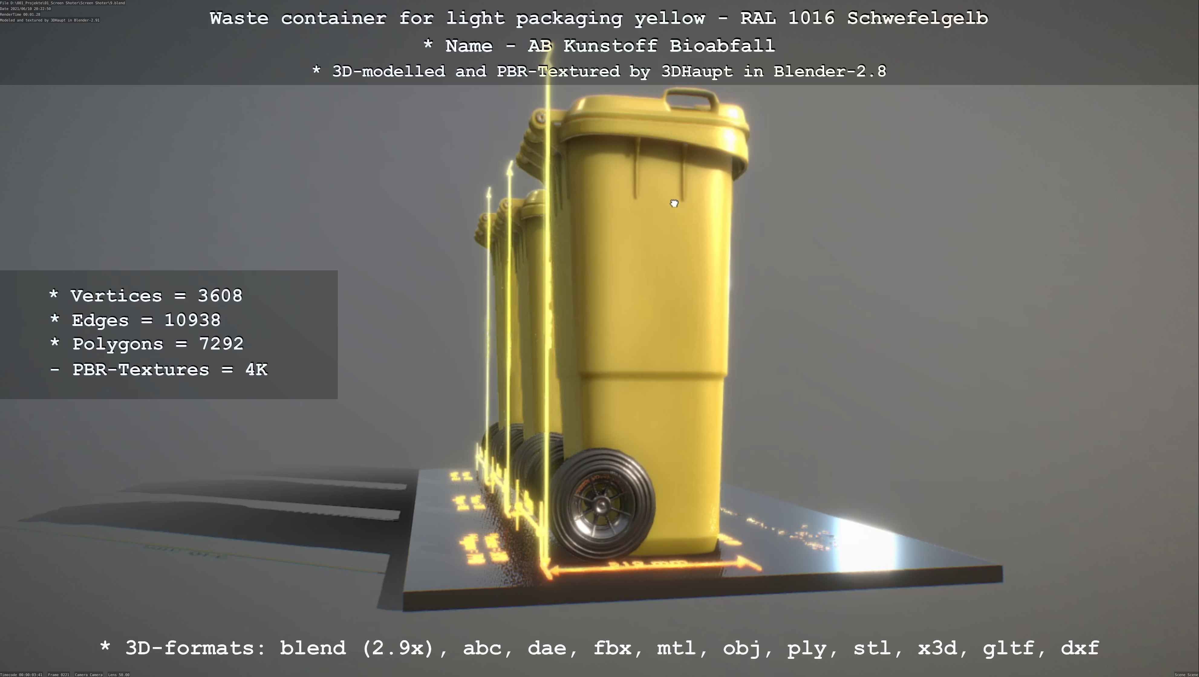 Waste container for light packaging yellow - RAL 1016  Low-poly 3D model_33