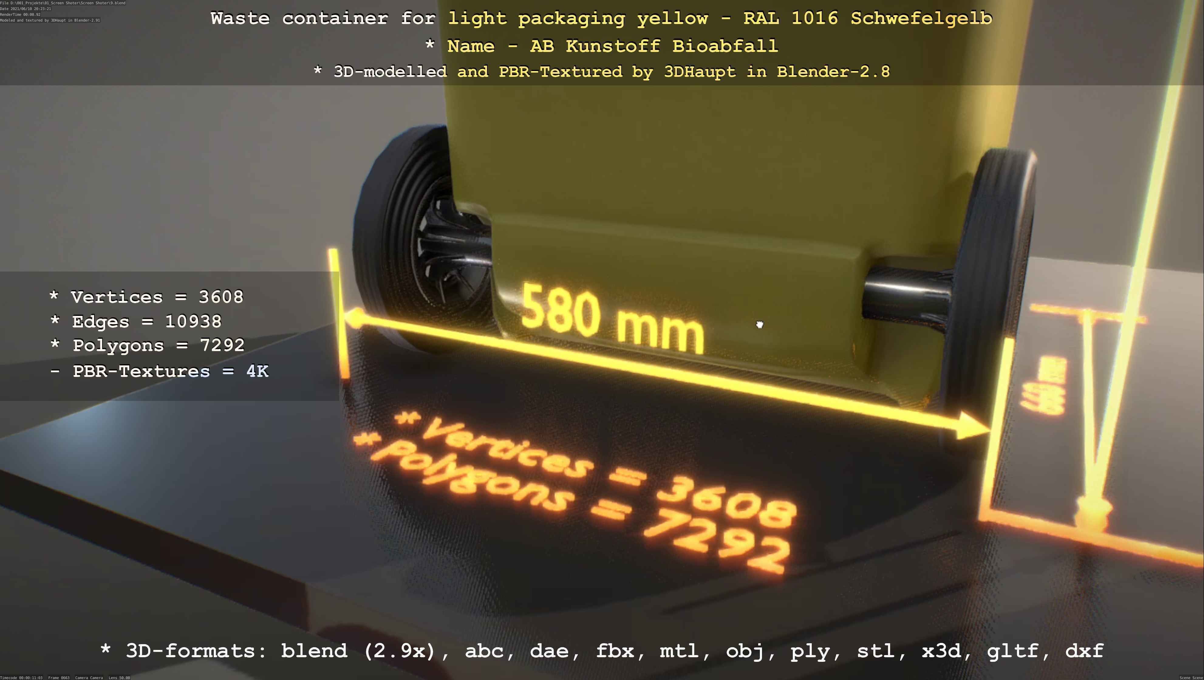 Waste container for light packaging yellow - RAL 1016  Low-poly 3D model_51