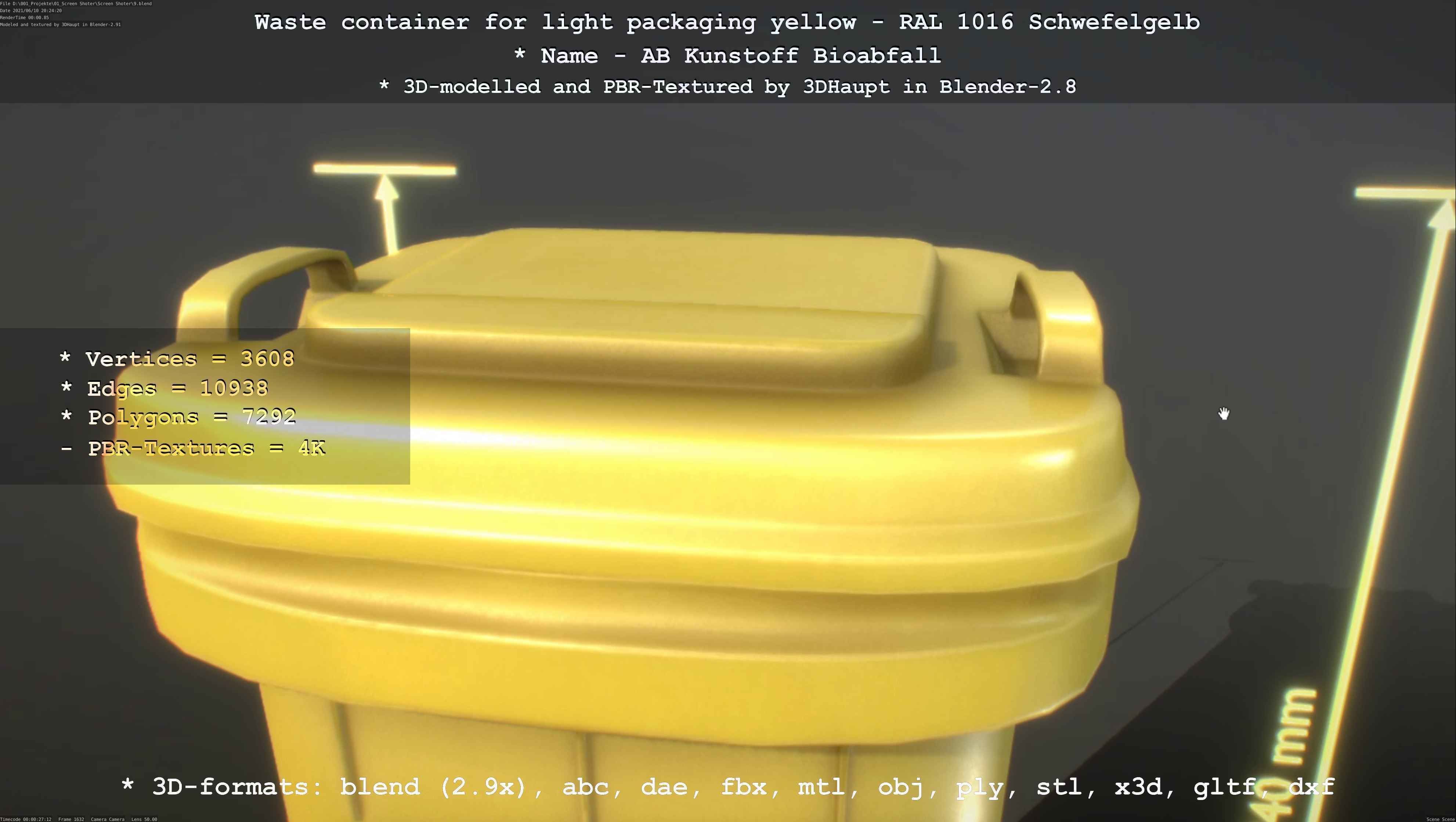 Waste container for light packaging yellow - RAL 1016  Low-poly 3D model_99