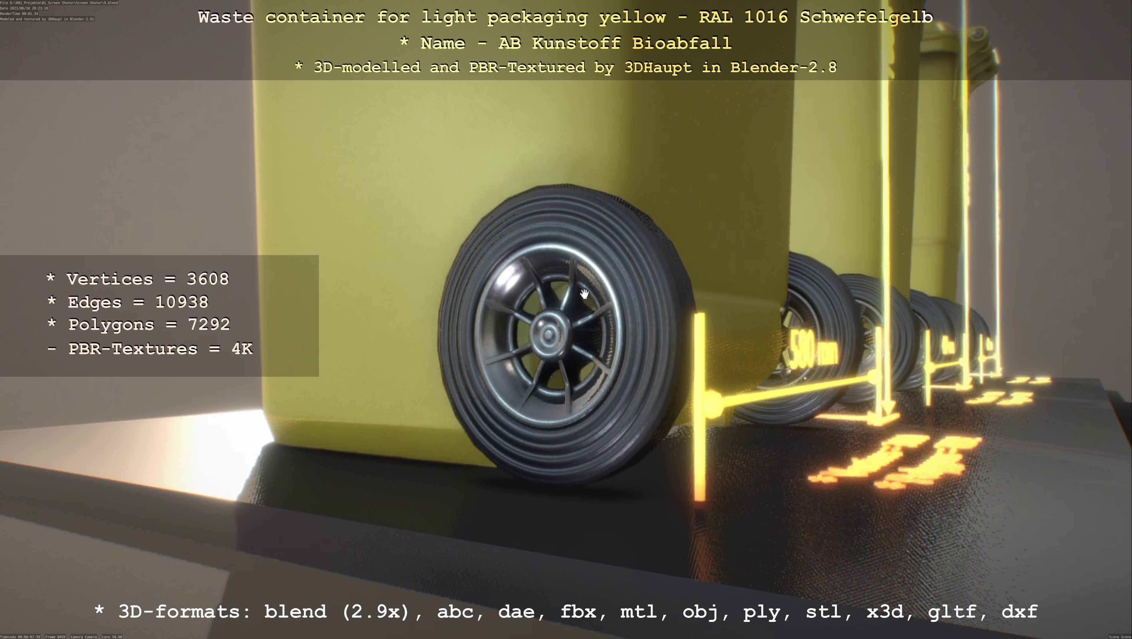 Waste container for light packaging yellow - RAL 1016  Low-poly 3D model_42