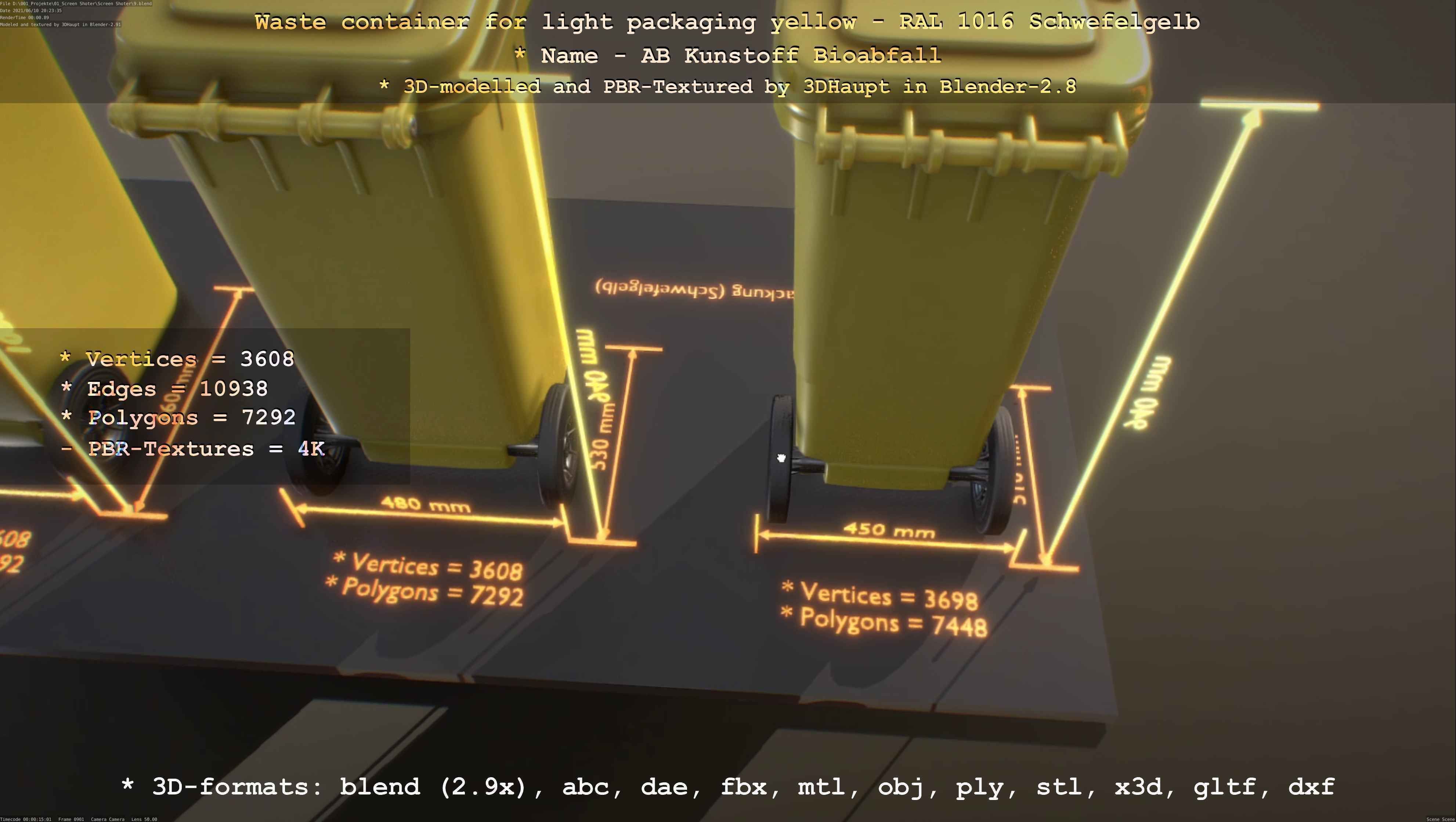 Waste container for light packaging yellow - RAL 1016  Low-poly 3D model_64
