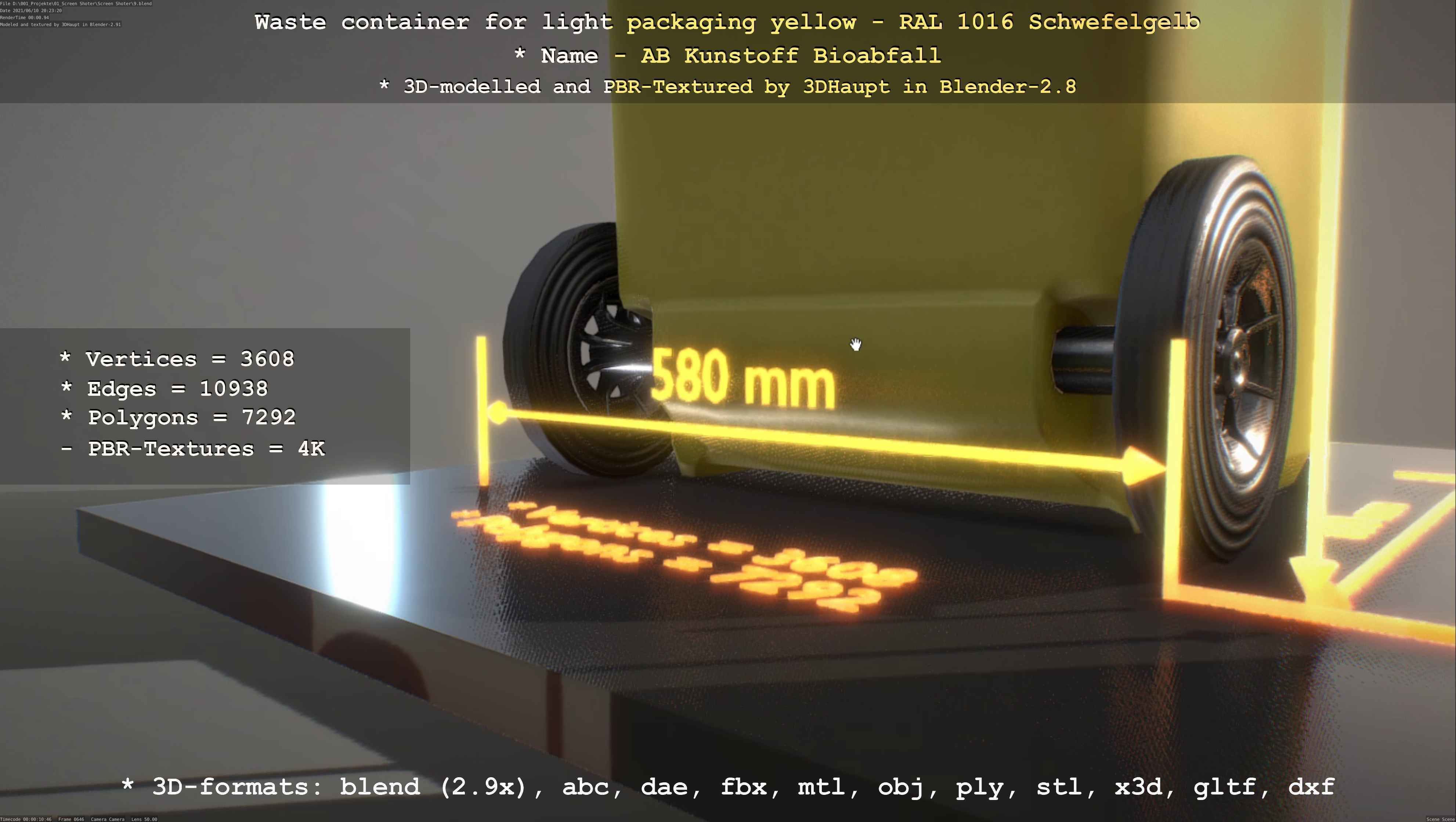 Waste container for light packaging yellow - RAL 1016  Low-poly 3D model_50