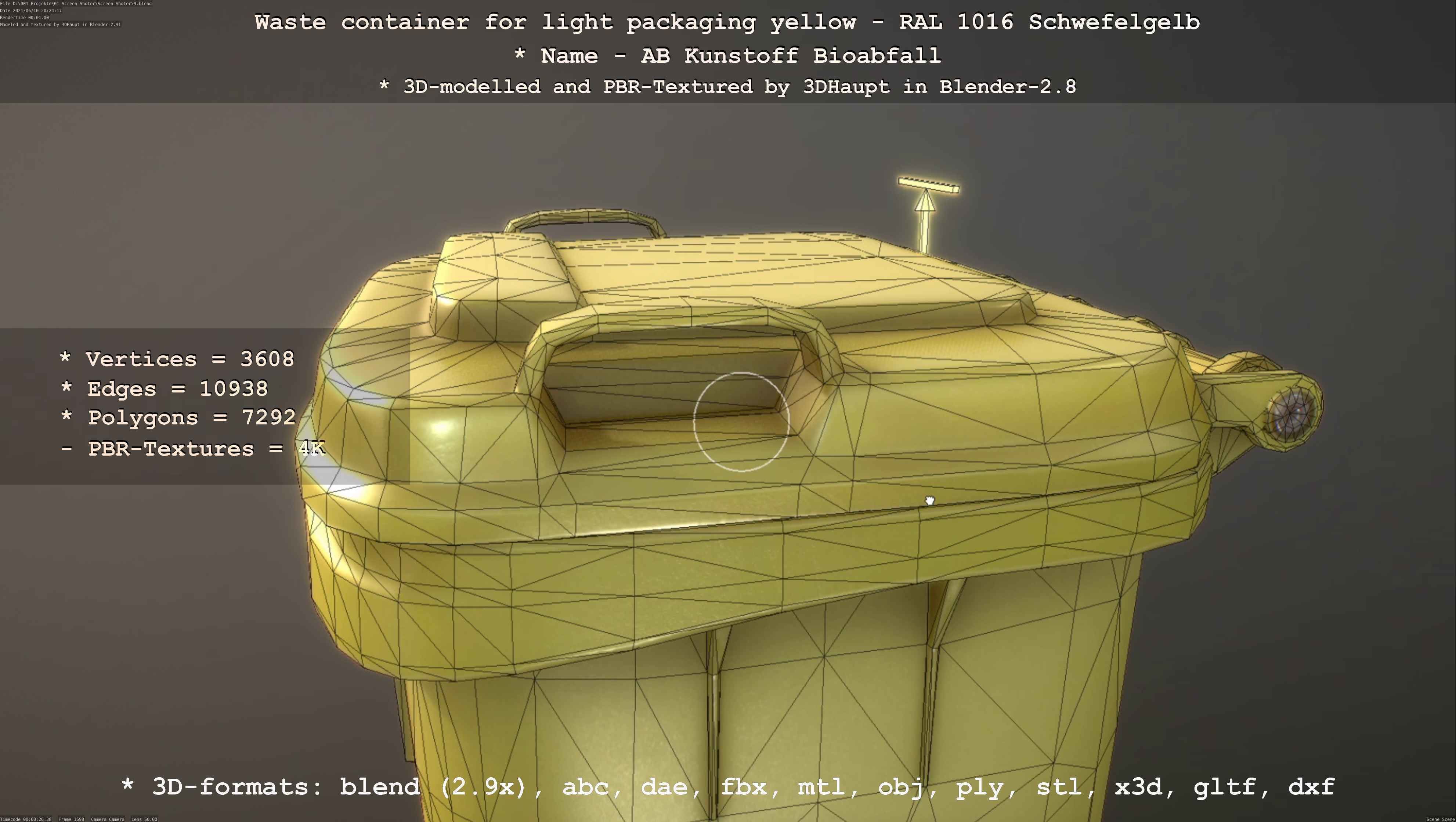 Waste container for light packaging yellow - RAL 1016  Low-poly 3D model_97